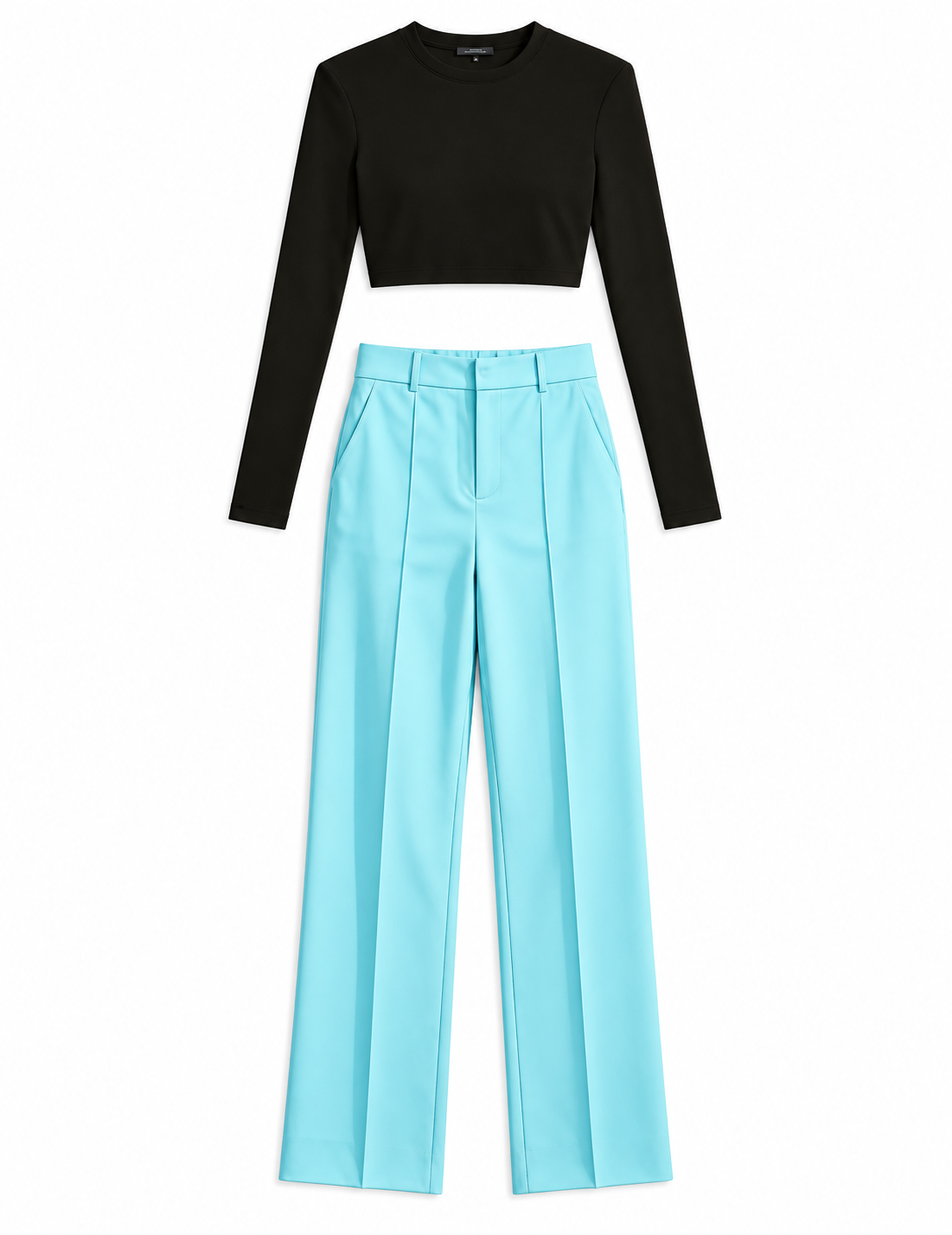 Black sheer crop top and pale blue trousers