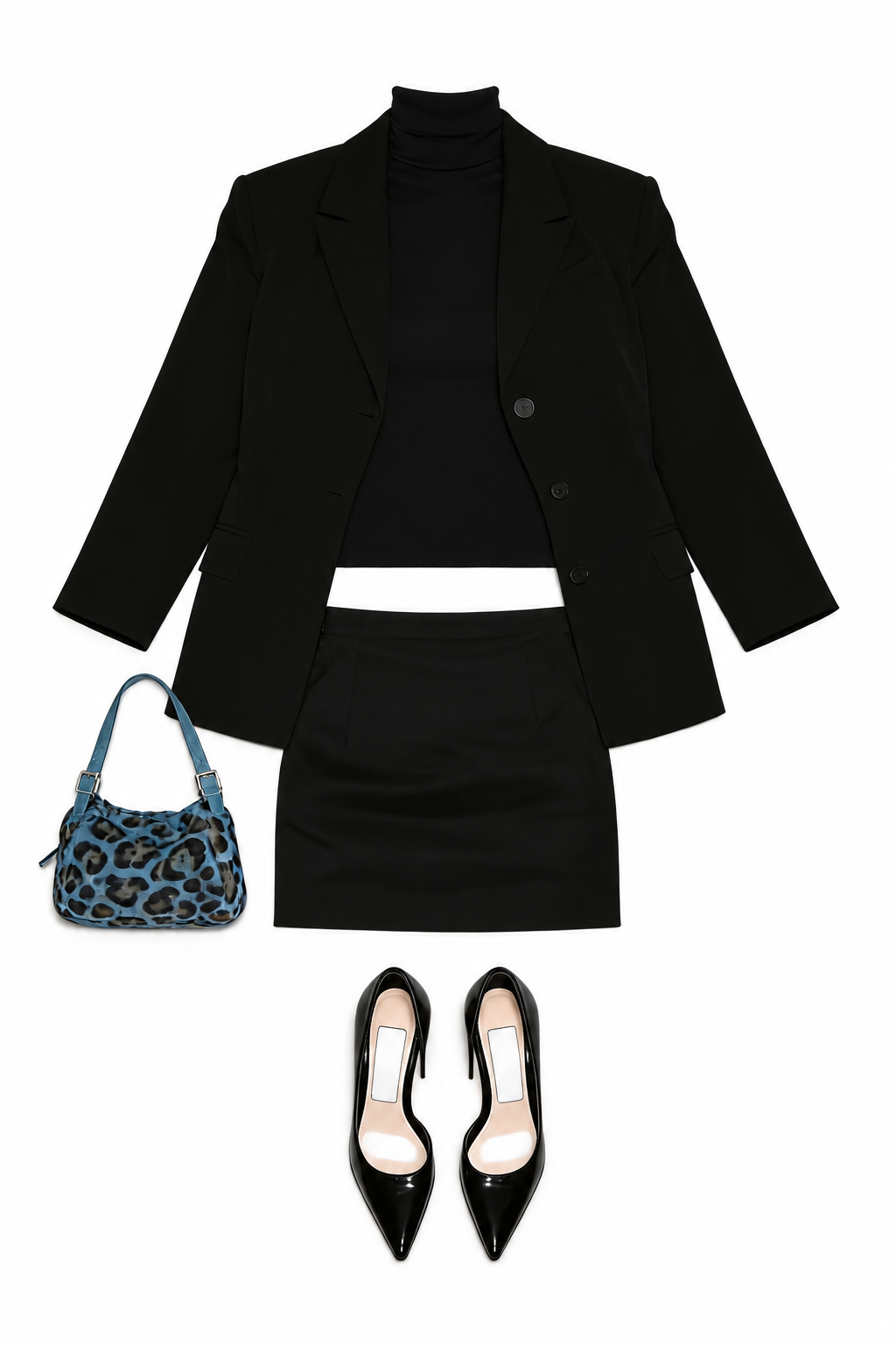 Black jacket, turtleneck and mini skirt