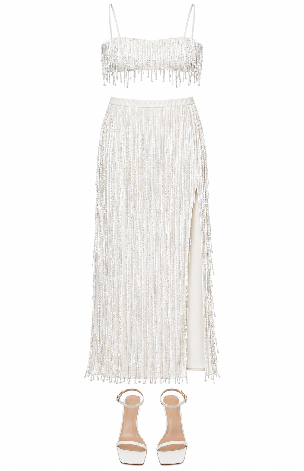 White beaded fringe crop top and slit maxi skirt