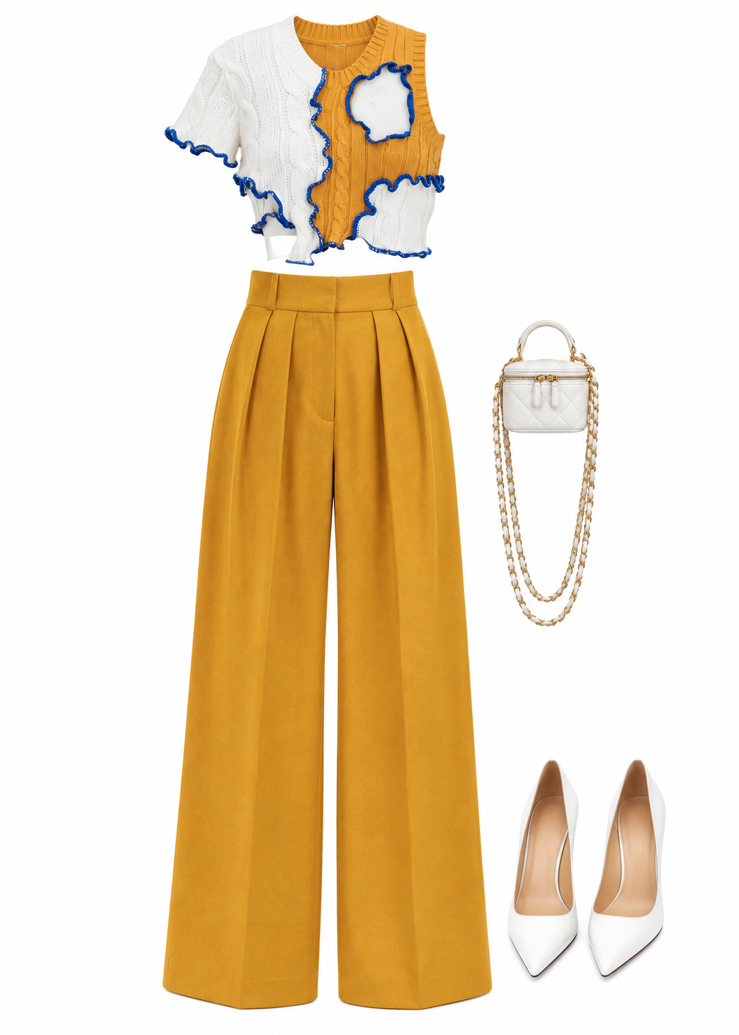 Mustard patchwork knit and pleated trousers