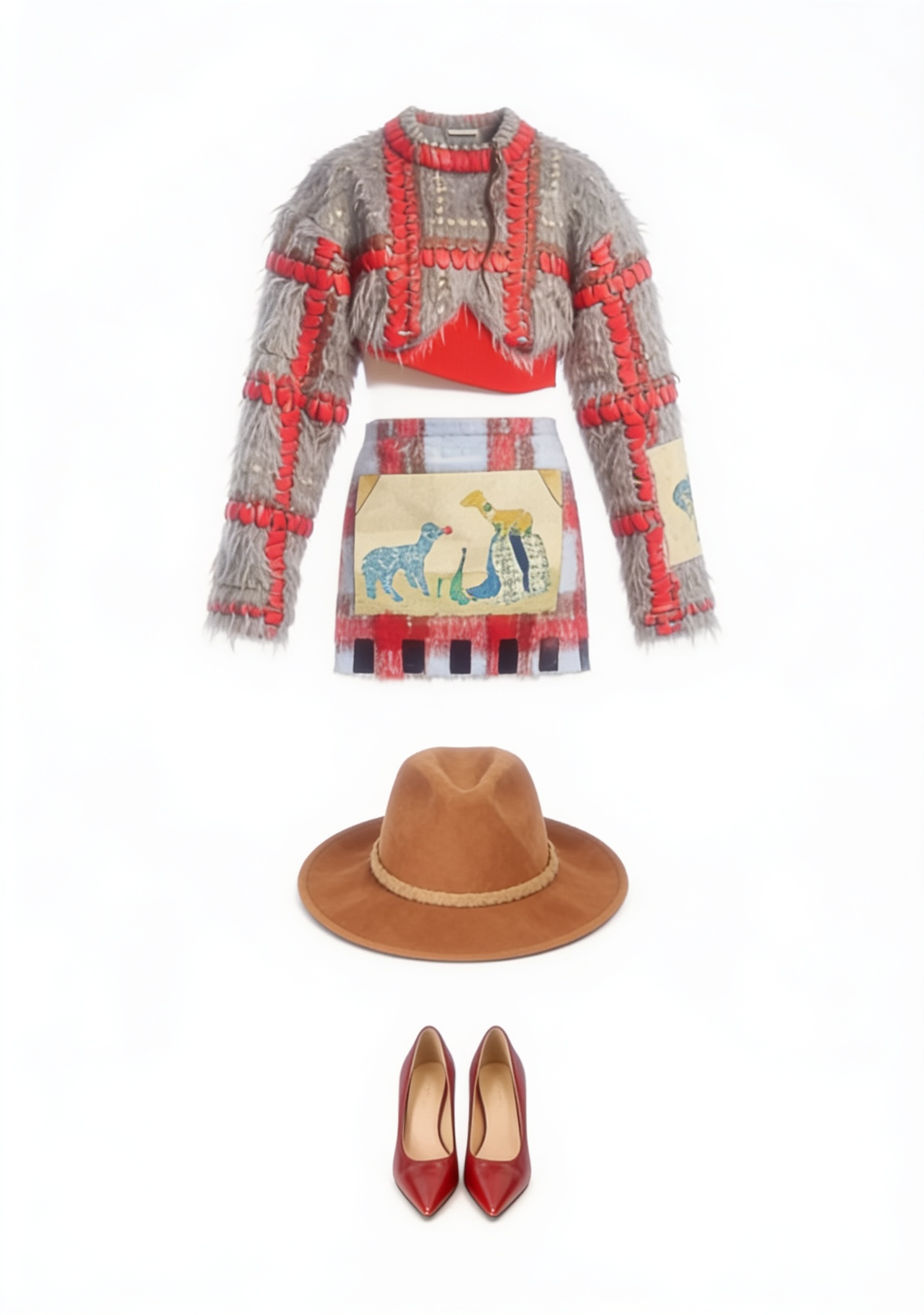 Red tweed jacket and illustrated mini skirt