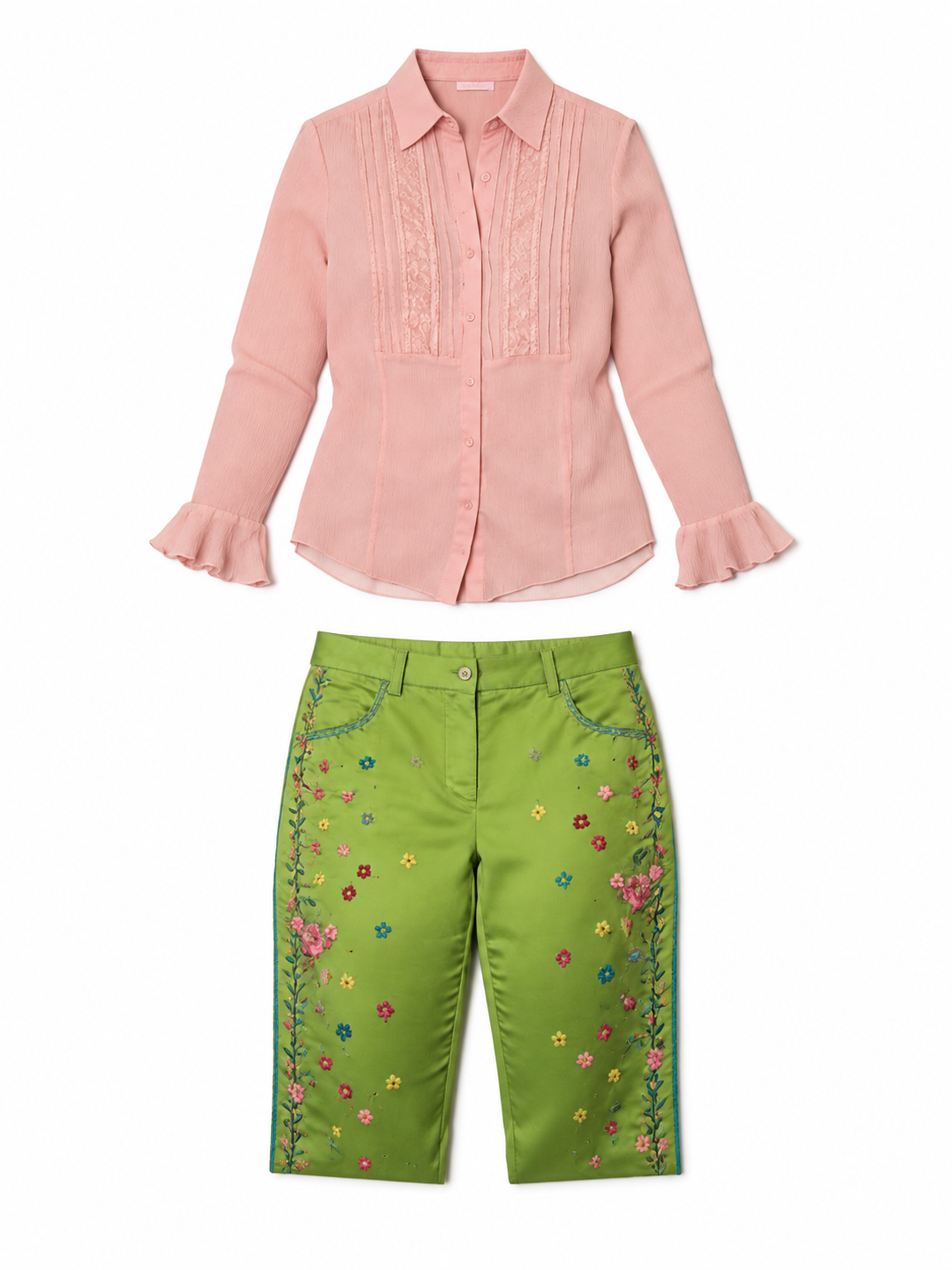 Blush shirt and green printed shorts