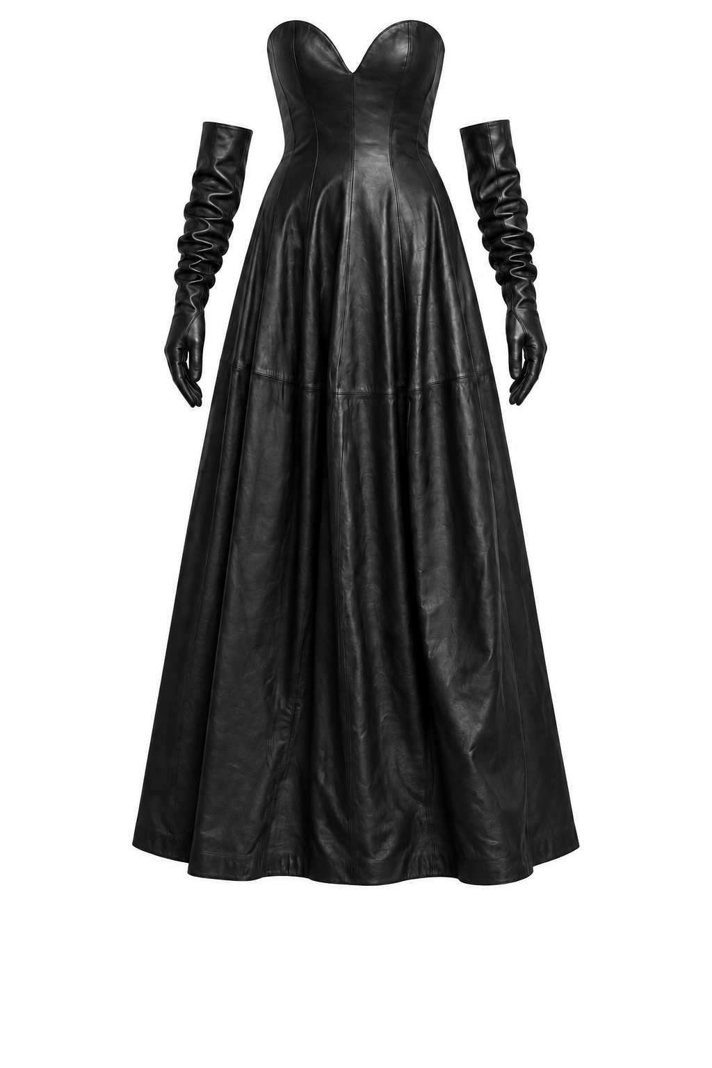 Black leather sweetheart gown and opera gloves