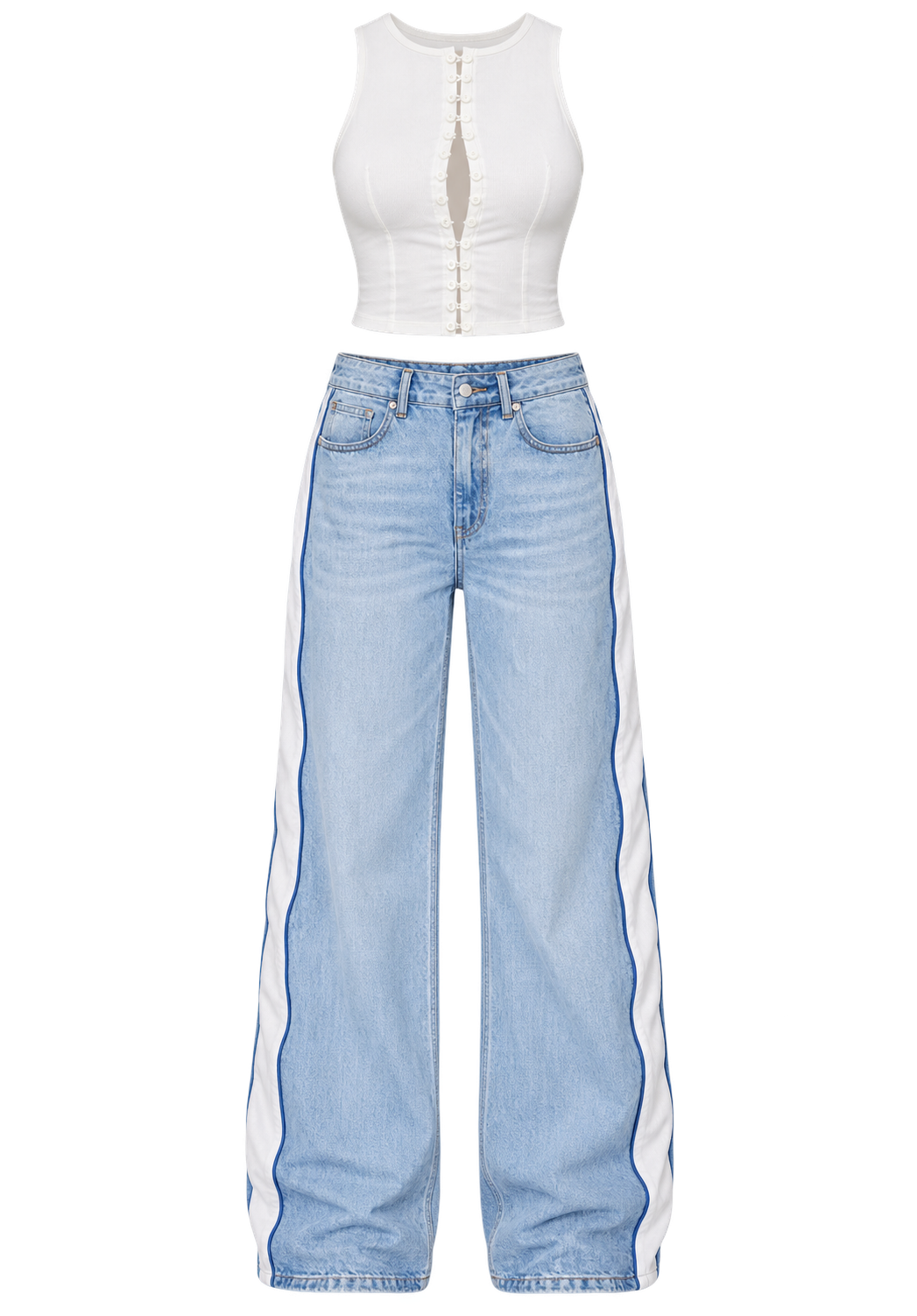 White cropped blouse and striped wide-leg jeans