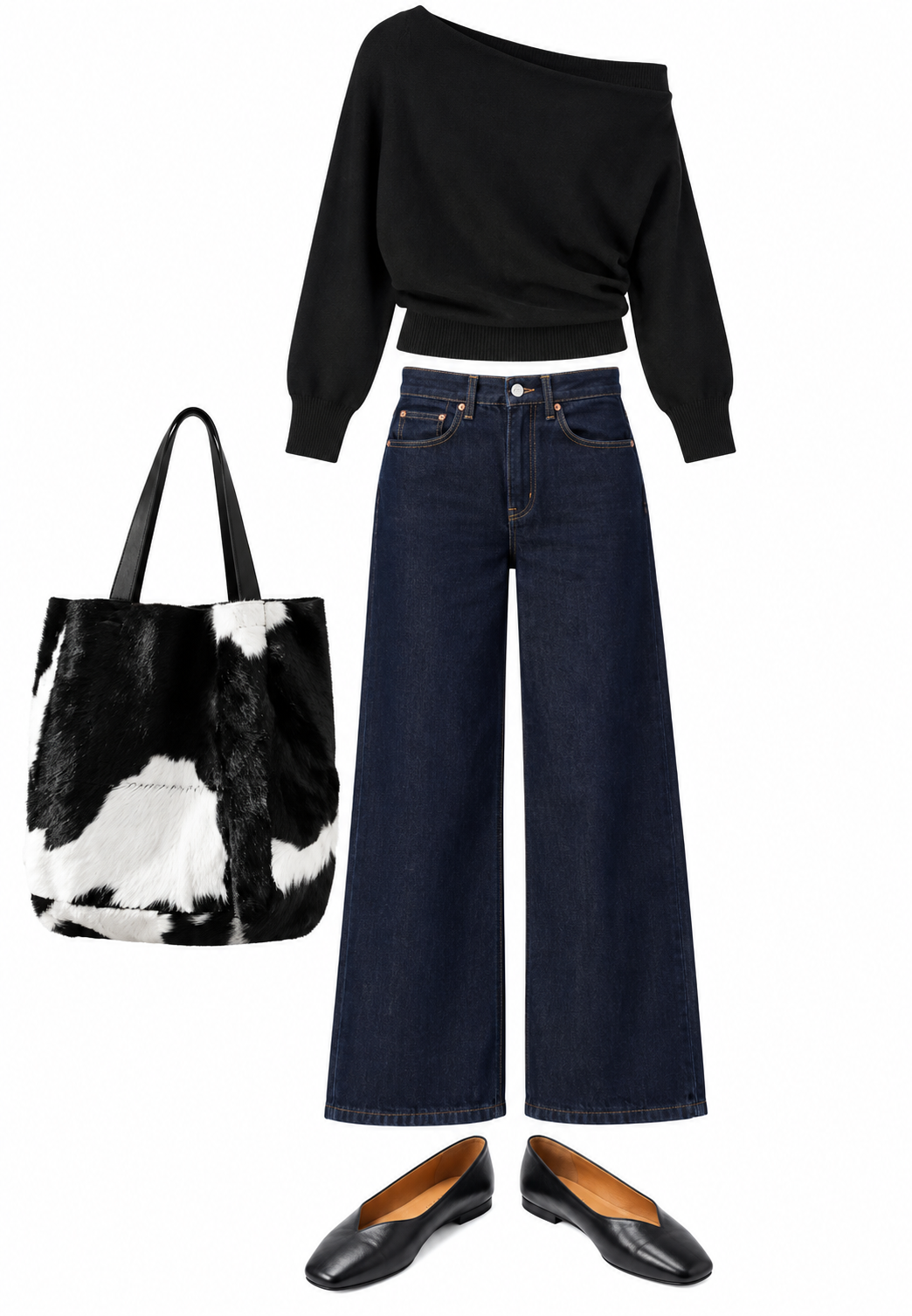 Black off-shoulder knit and wide-leg jeans