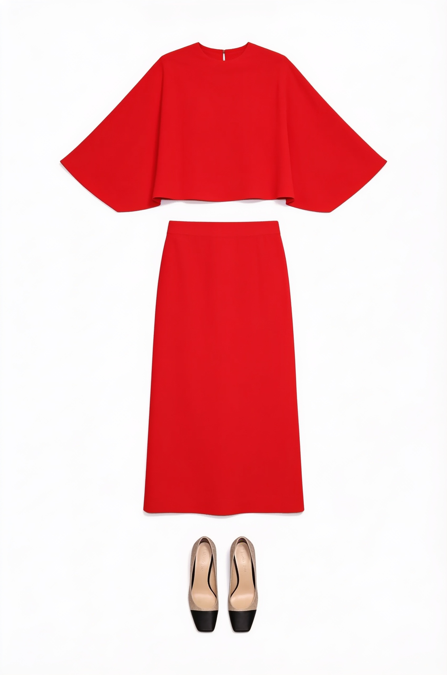 Red cape-sleeve top and maxi skirt