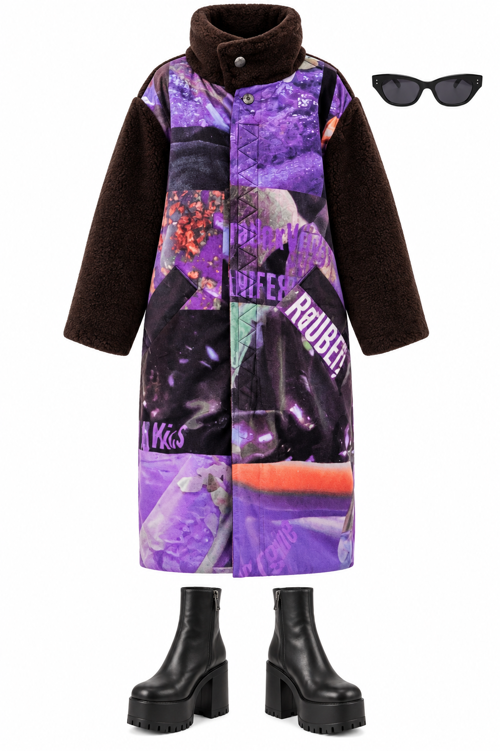 Purple patchwork coat and platform boots