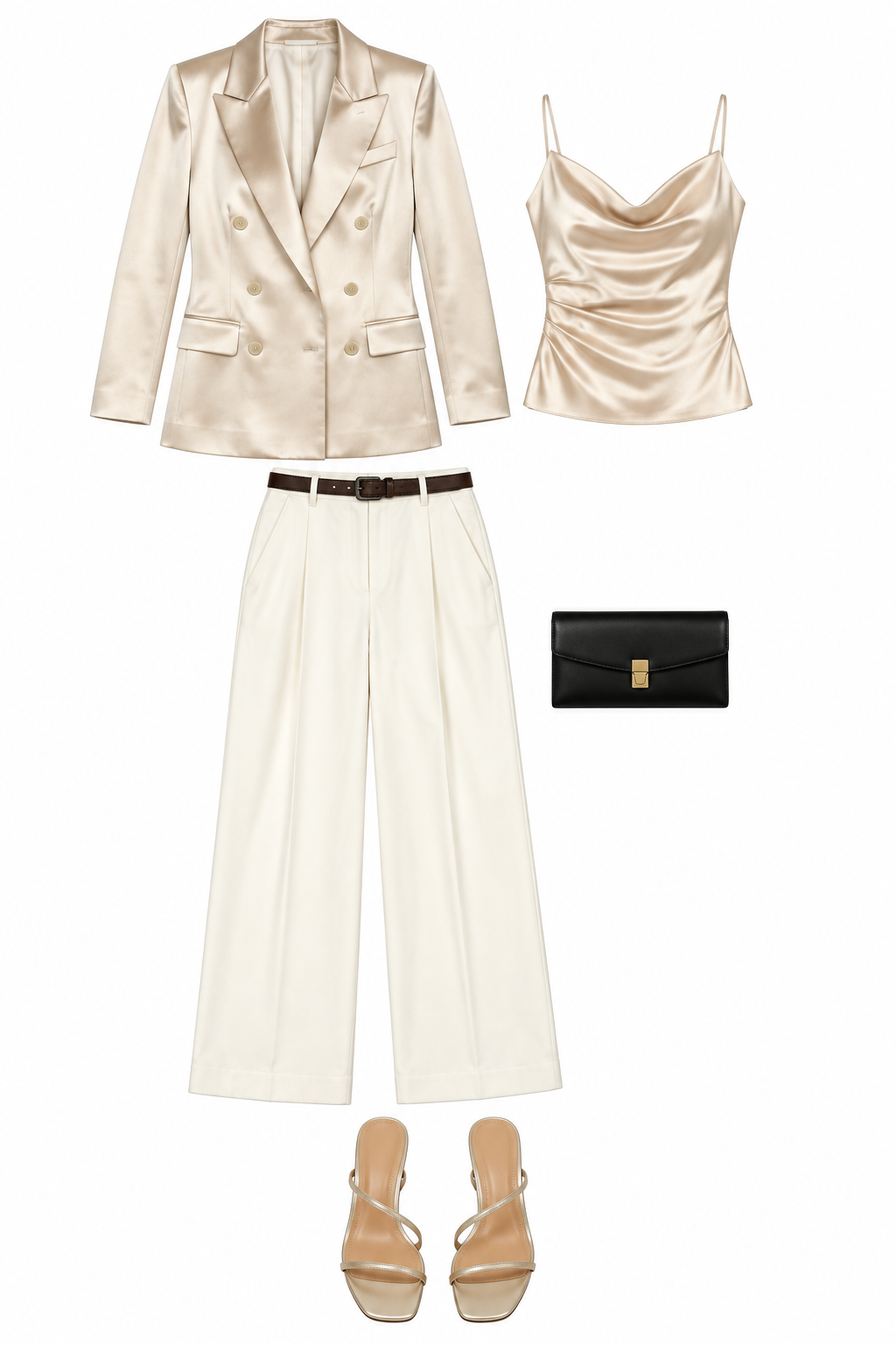 Champagne satin blazer and ivory wide-leg trousers