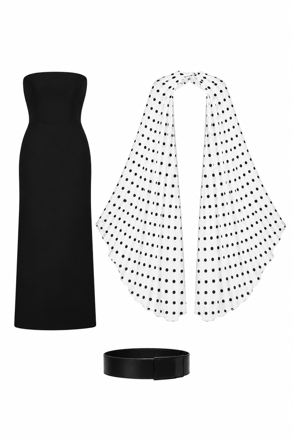 Black strapless dress and embellished white cape