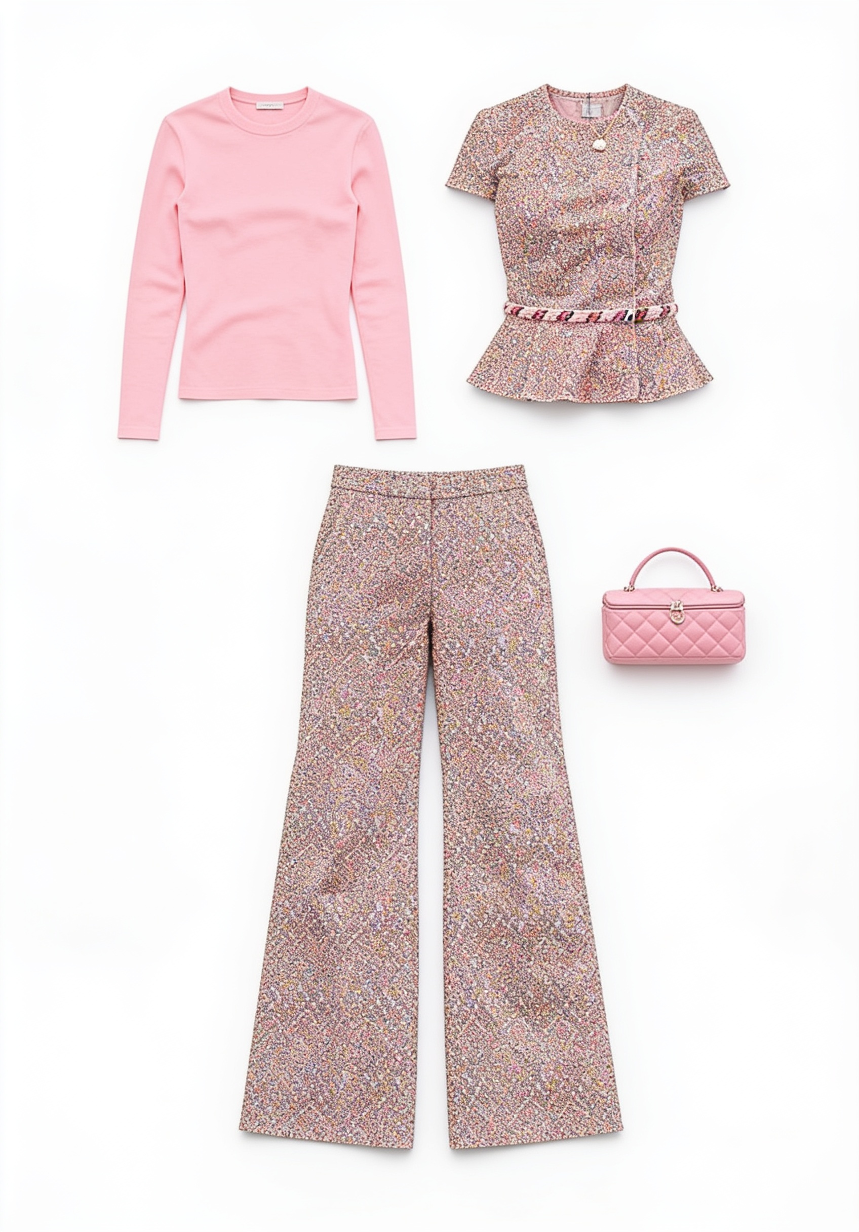 Pink tweed peplum top and wide-leg trousers