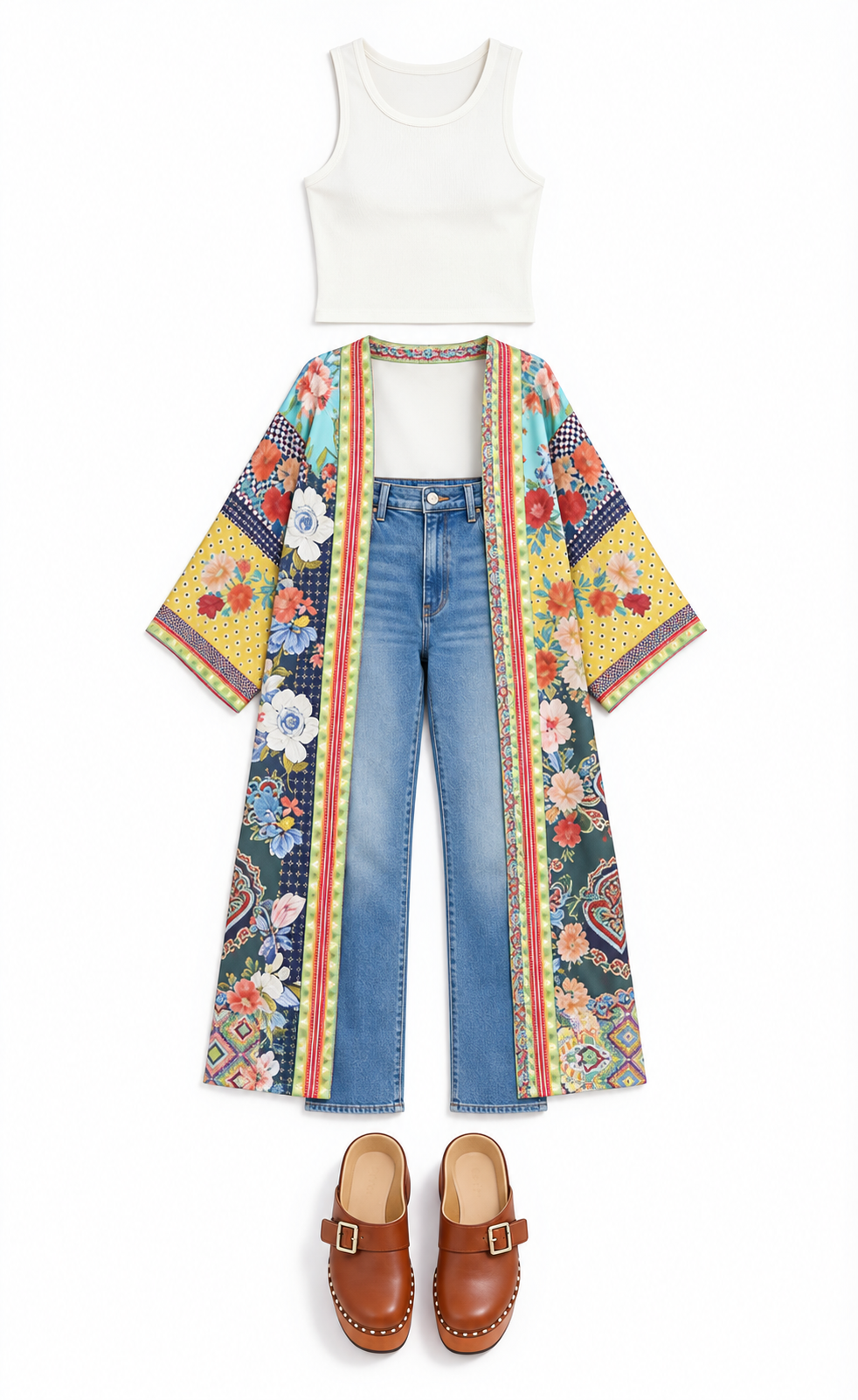 Printed long robe with white tank and blue jeans