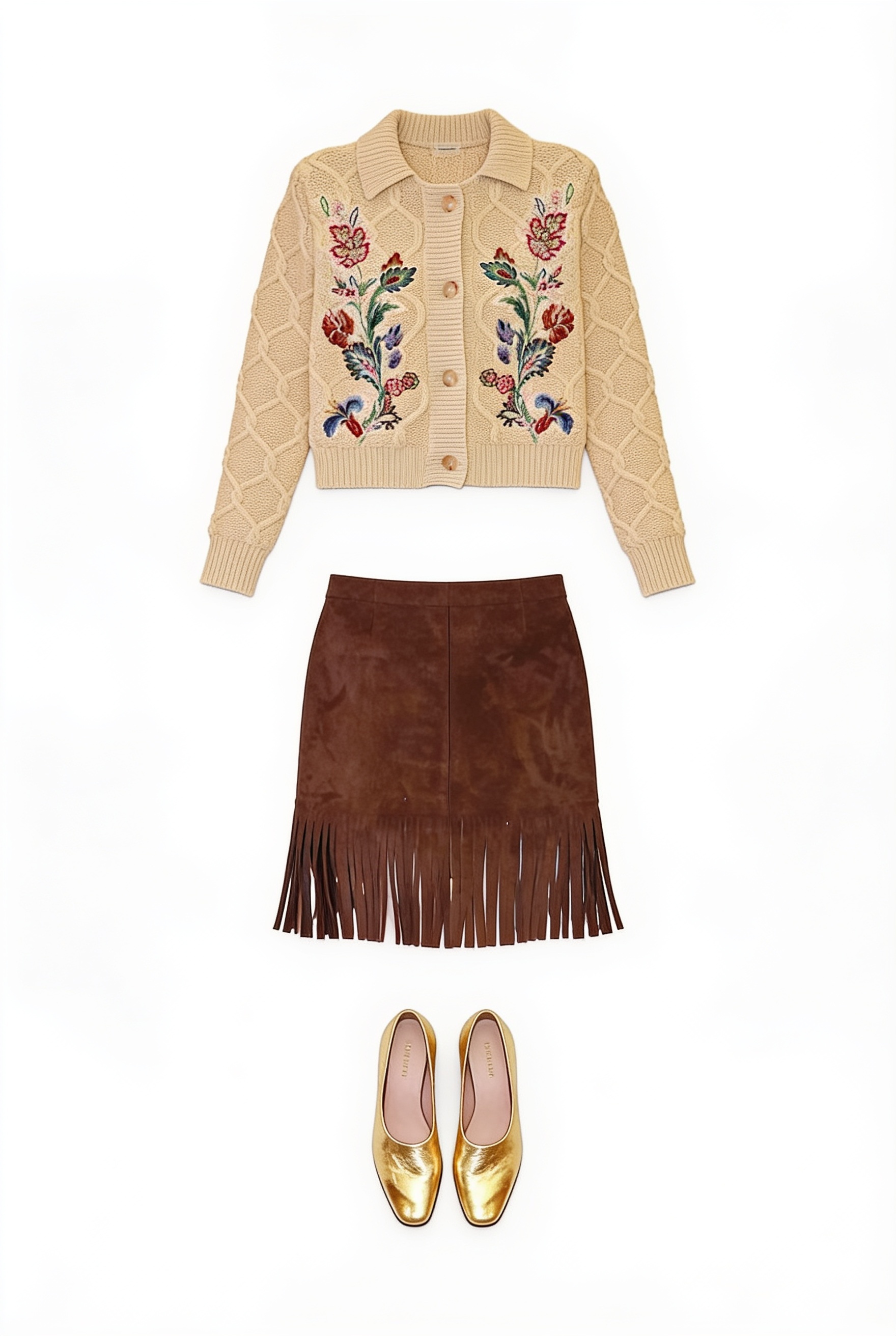 Cream embroidered sweater and brown fringed skirt