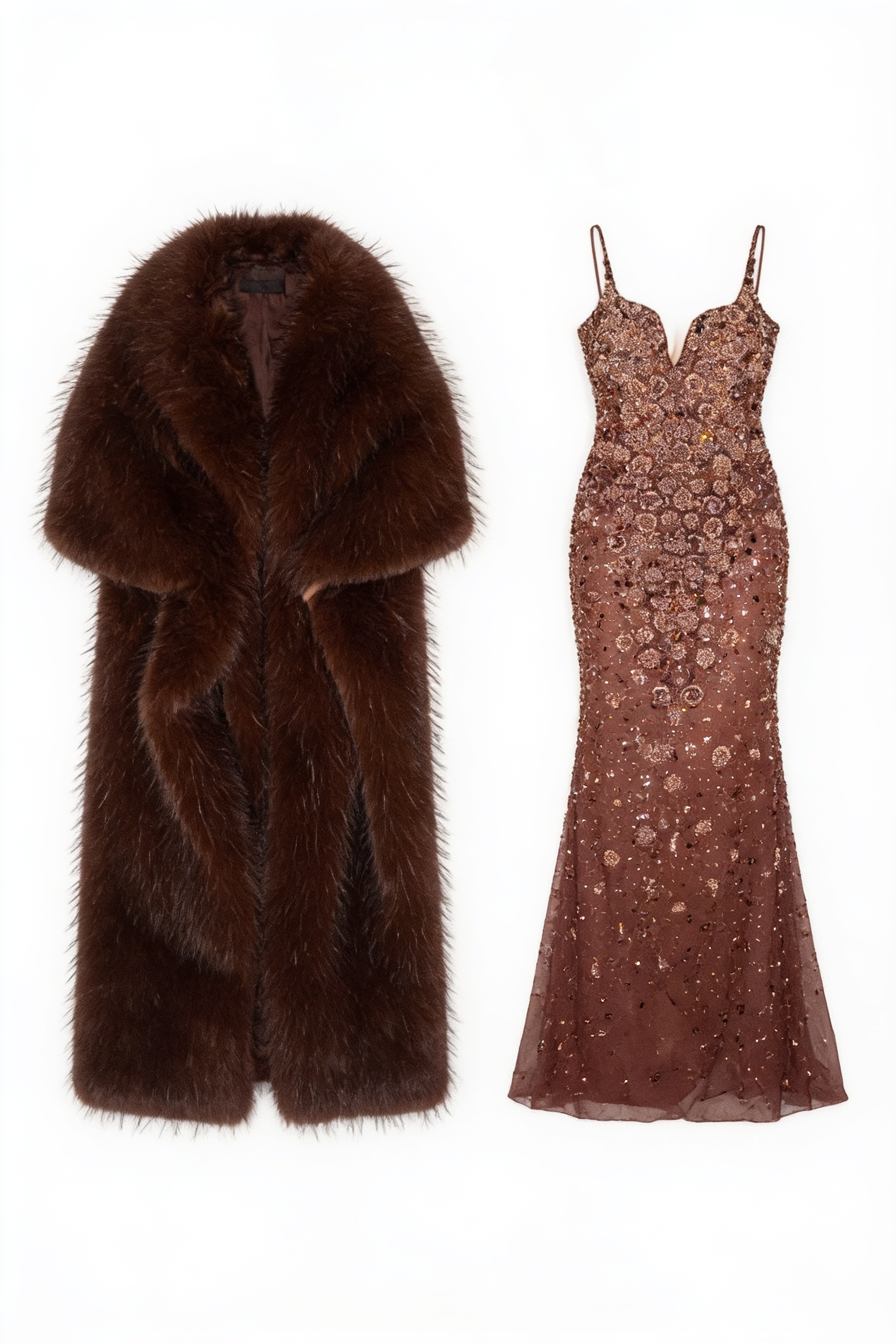 Bronze embellished gown and brown faux-fur coat