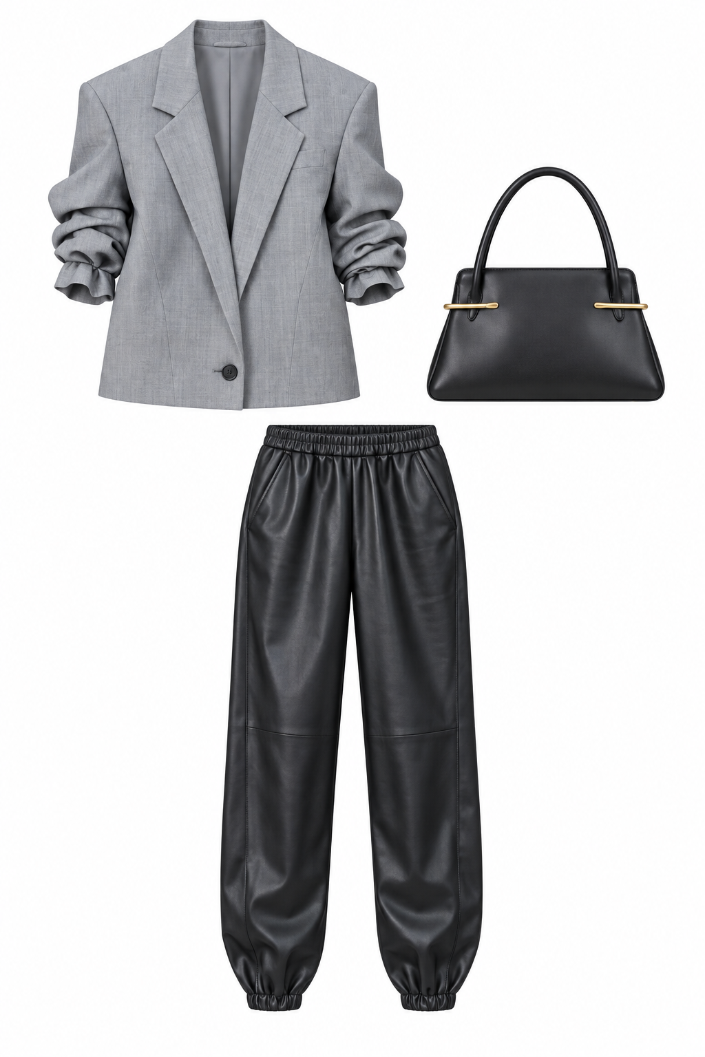 Grey blazer and black leather joggers
