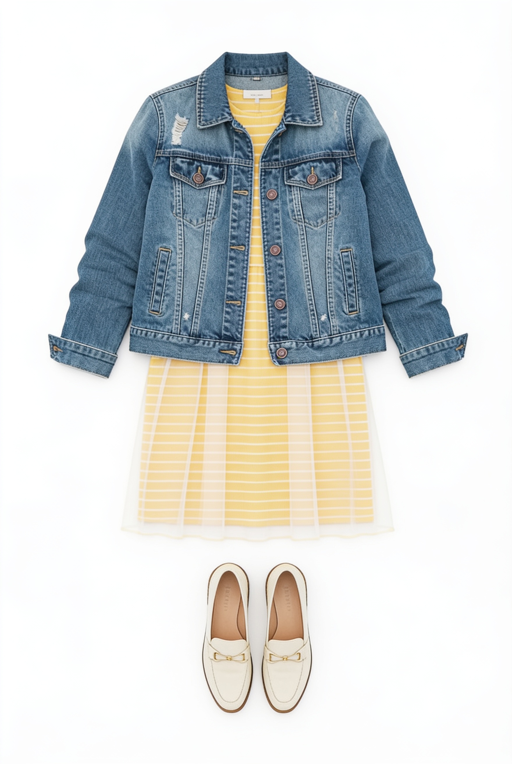 Denim jacket and yellow pleated skirt