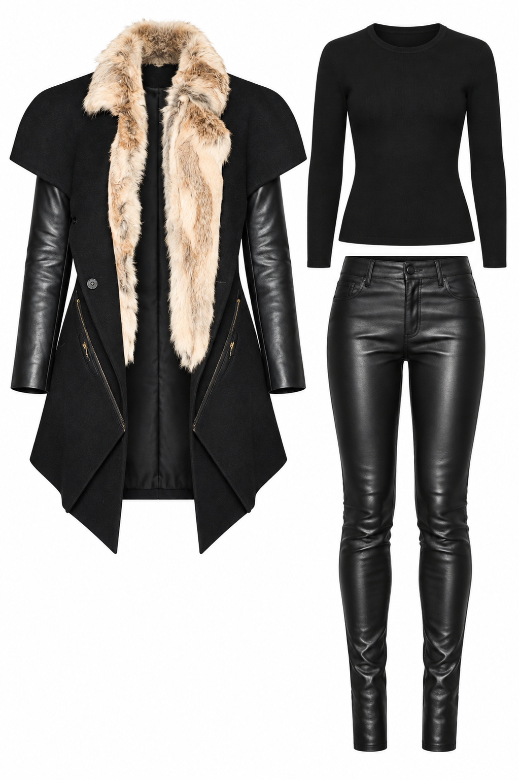 Black fur-collar coat and leather trousers