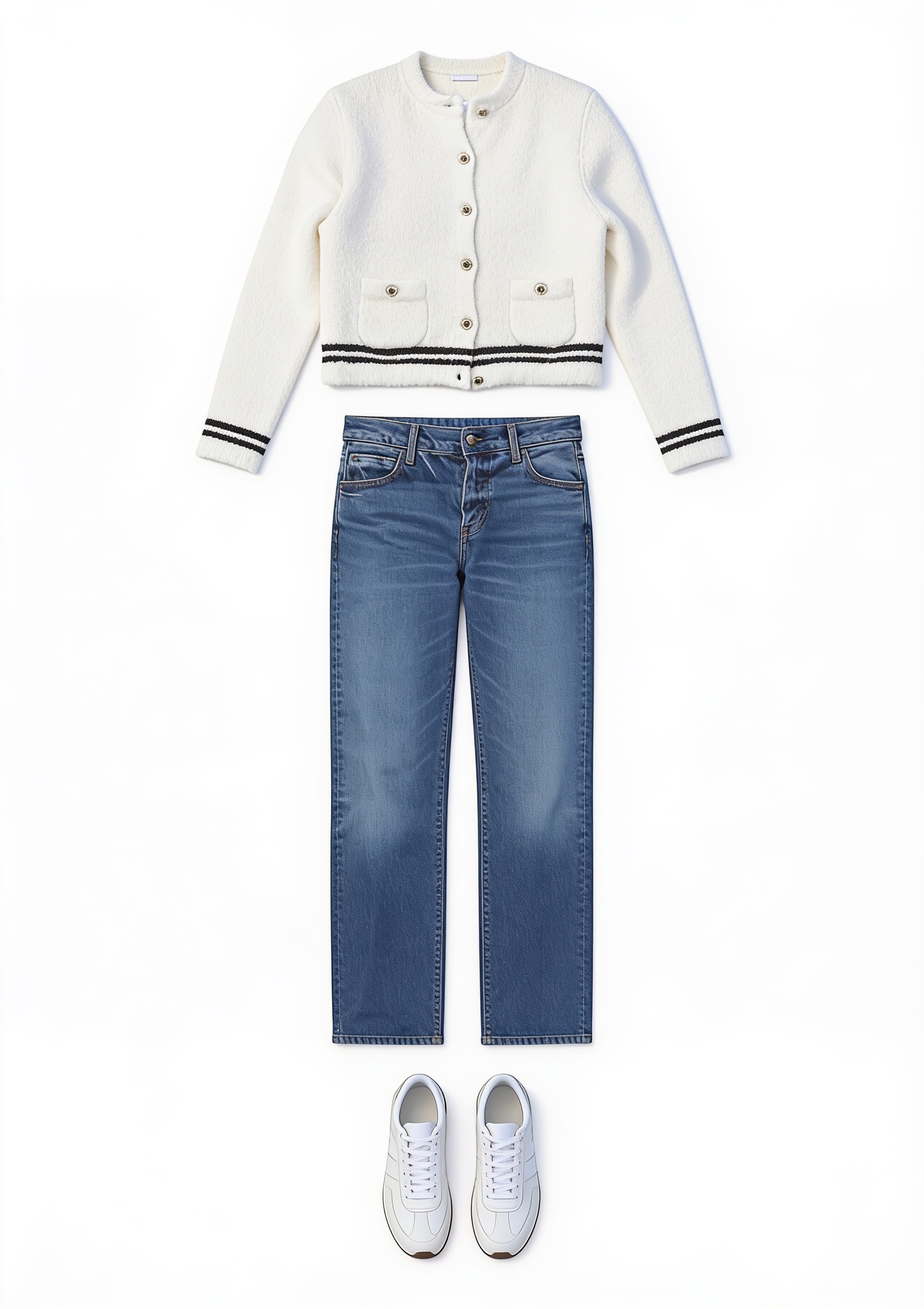 Ivory contrast-trim cardigan and dark jeans