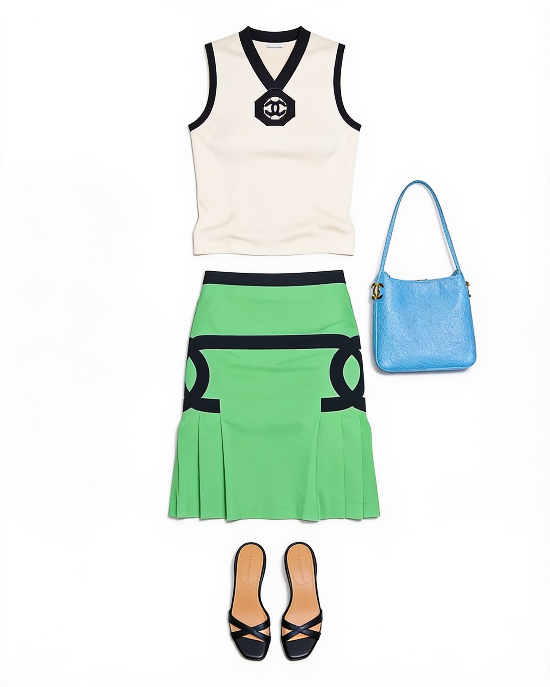 White sleeveless top and green pleated skirt