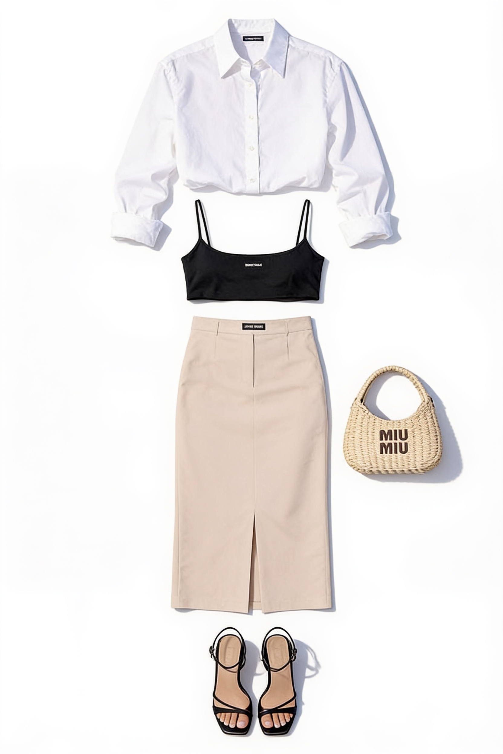 White shirt, black crop top and beige midi skirt