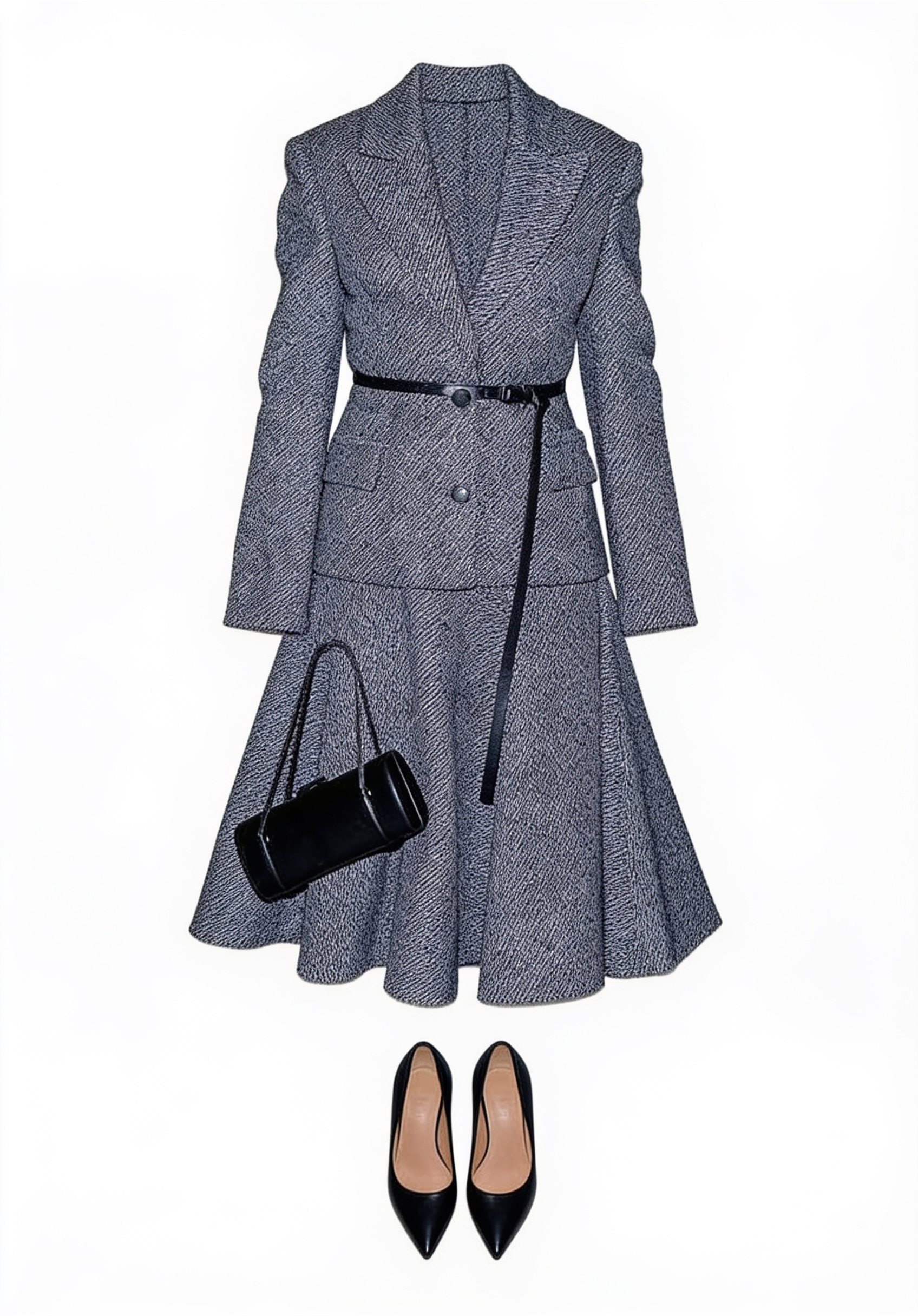 Grey belted midi coat and black pumps