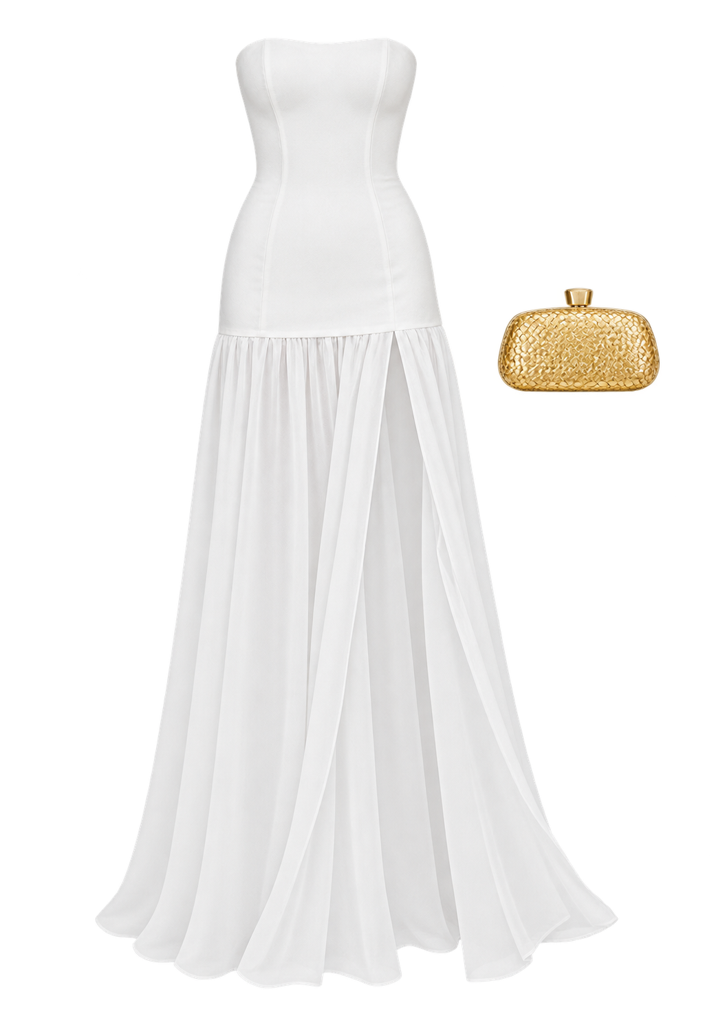 White strapless drop-waist chiffon gown