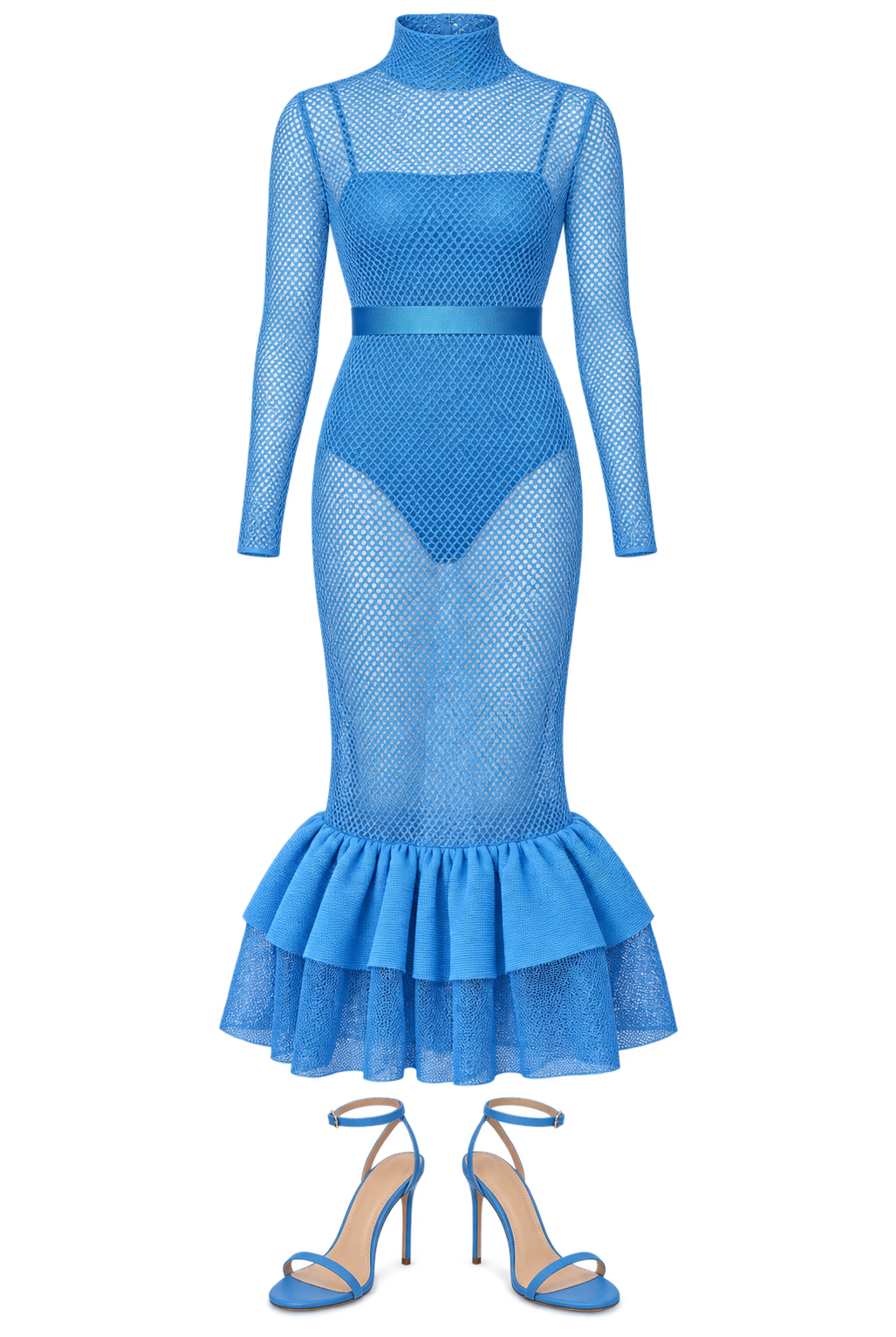 Blue mesh ruffle-hem dress and sandals