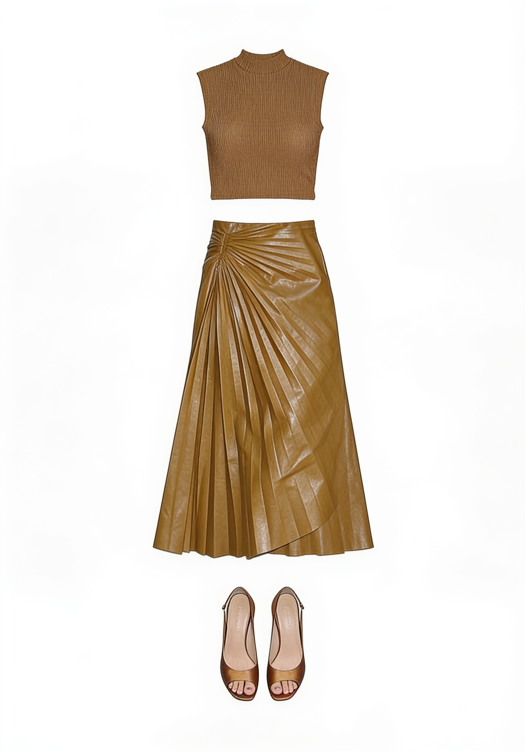 Olive sleeveless top and draped leather maxi skirt