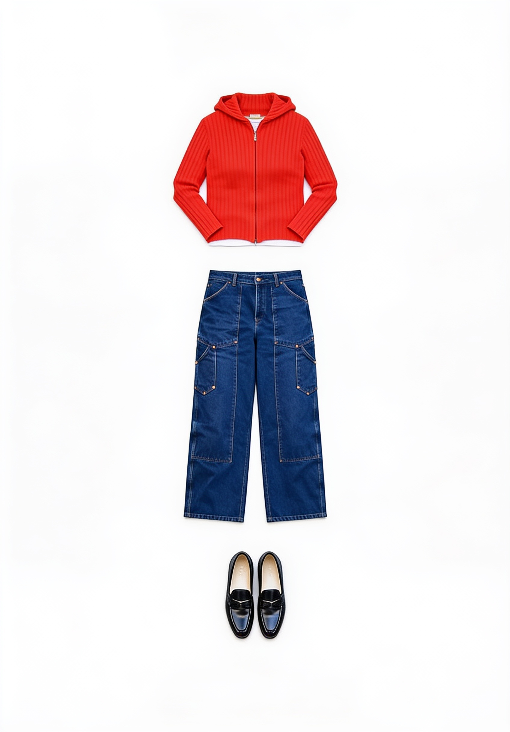Red zip cardigan and blue jeans