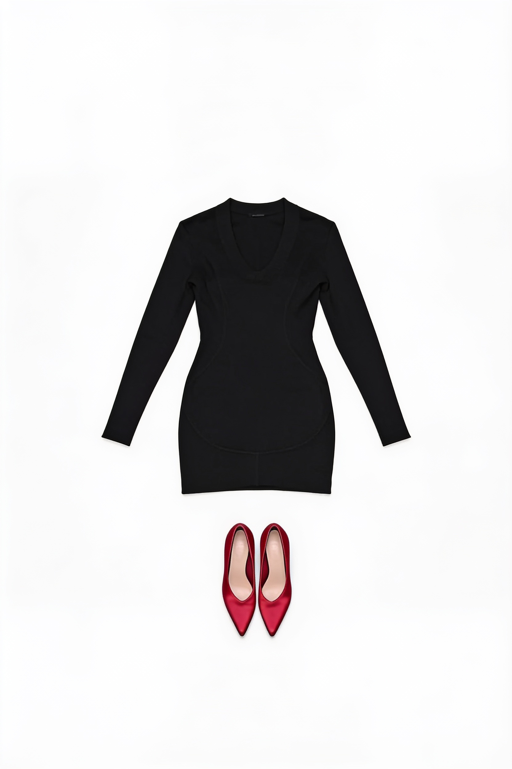 Black long-sleeved mini dress and red pumps