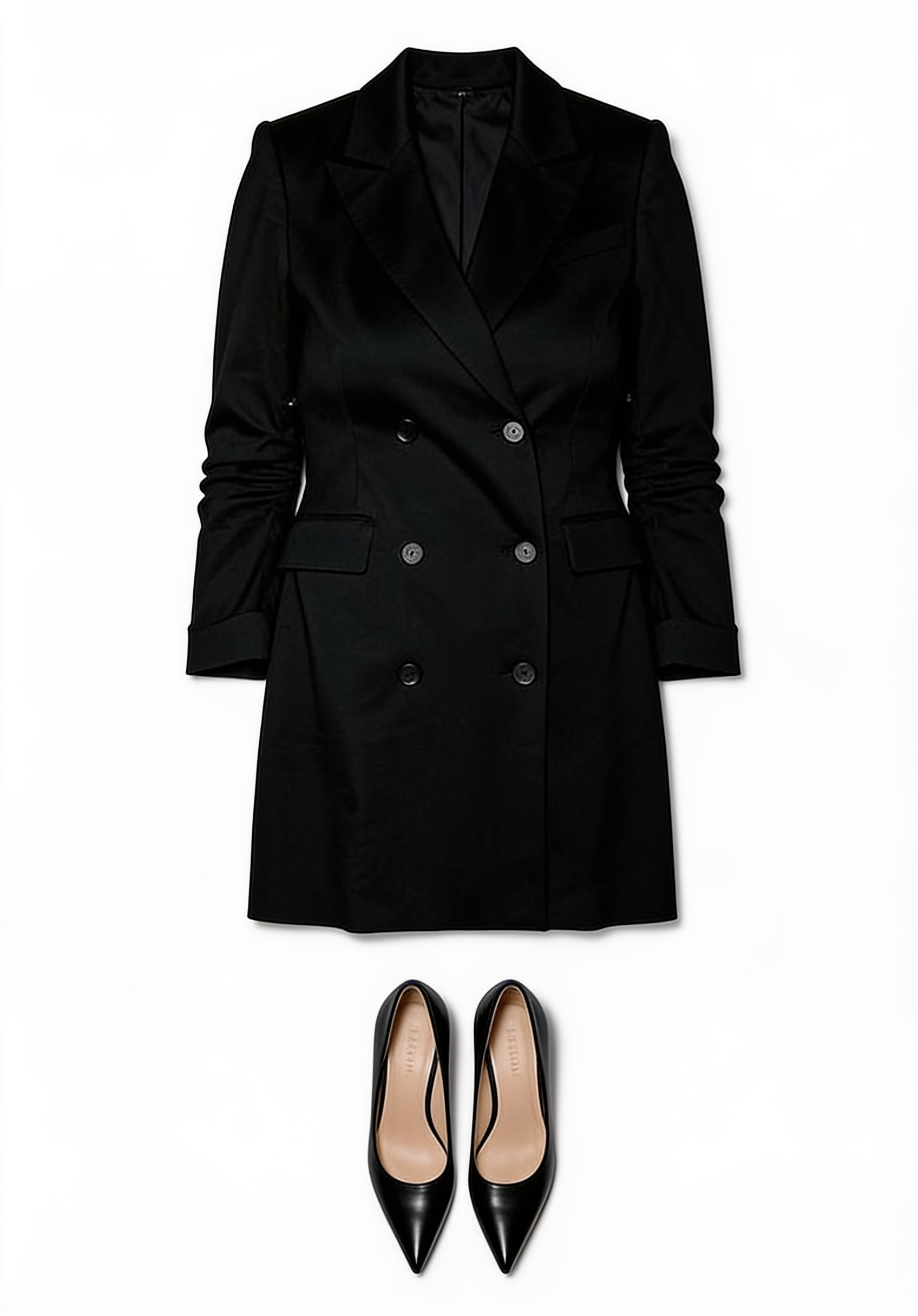 Black tailored mini dress and pointed pumps