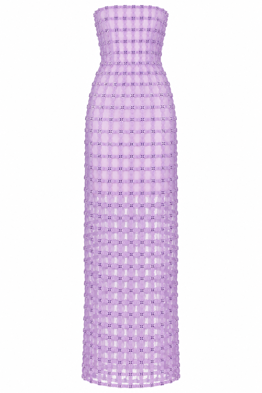 Lavender crystal-grid strapless gown