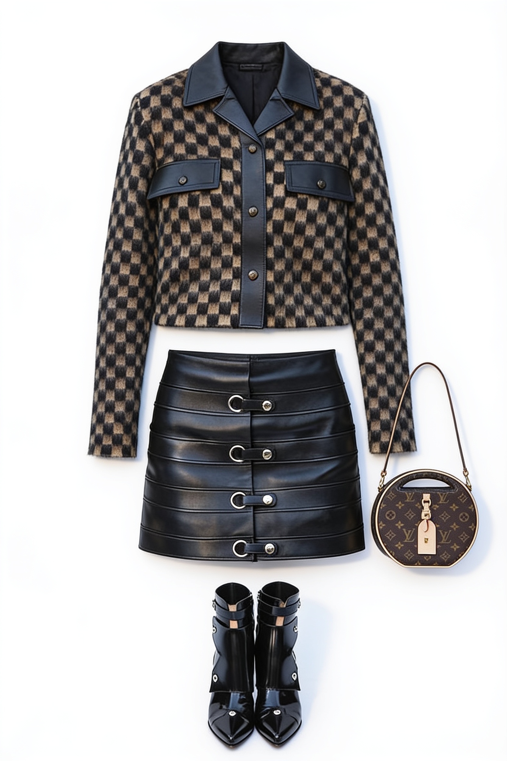 Brown check jacket and black leather mini skirt