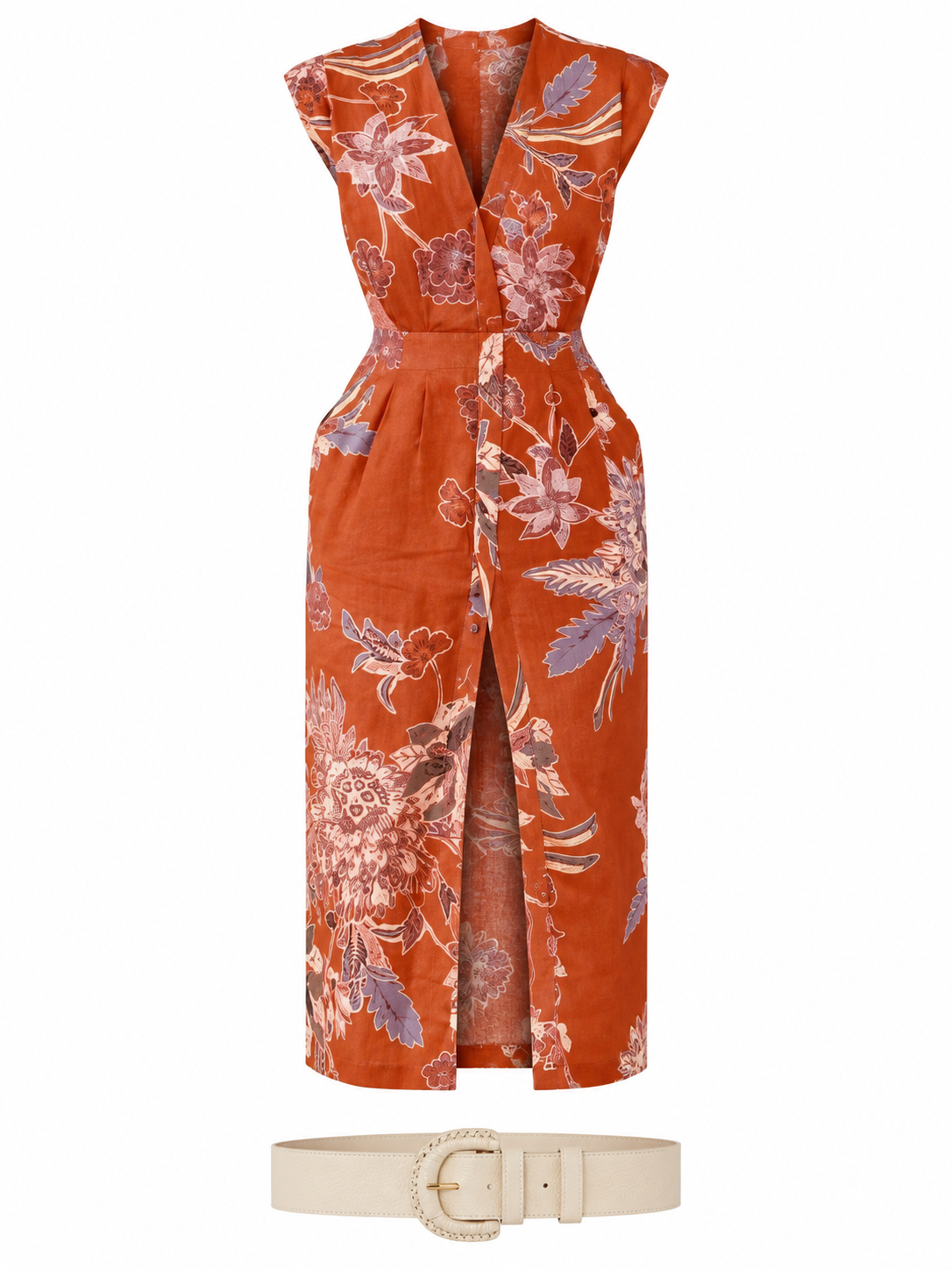 Rust floral sleeveless midi dress