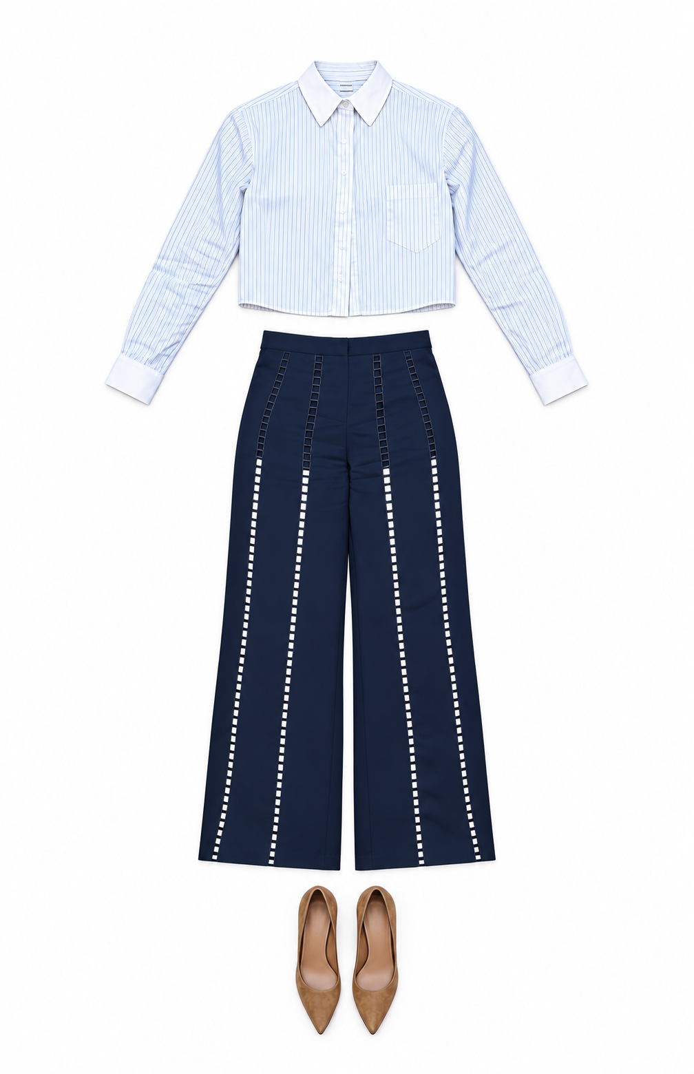 Blue striped cropped shirt and navy cutout trousers