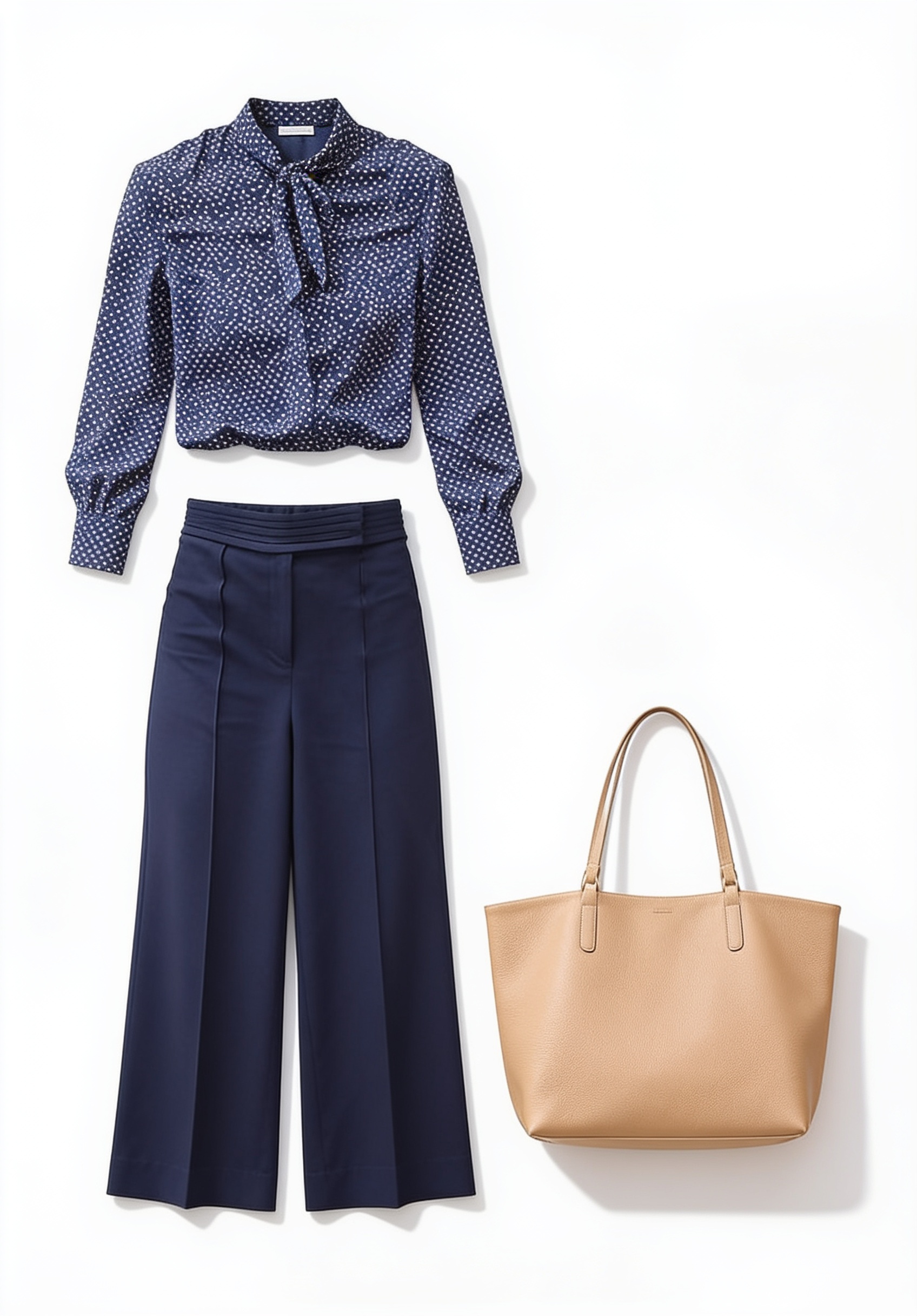 Navy dotted blouse and tailored trousers