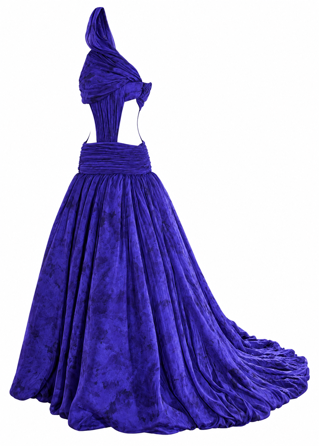 Purple asymmetric cutout gown with flowing train