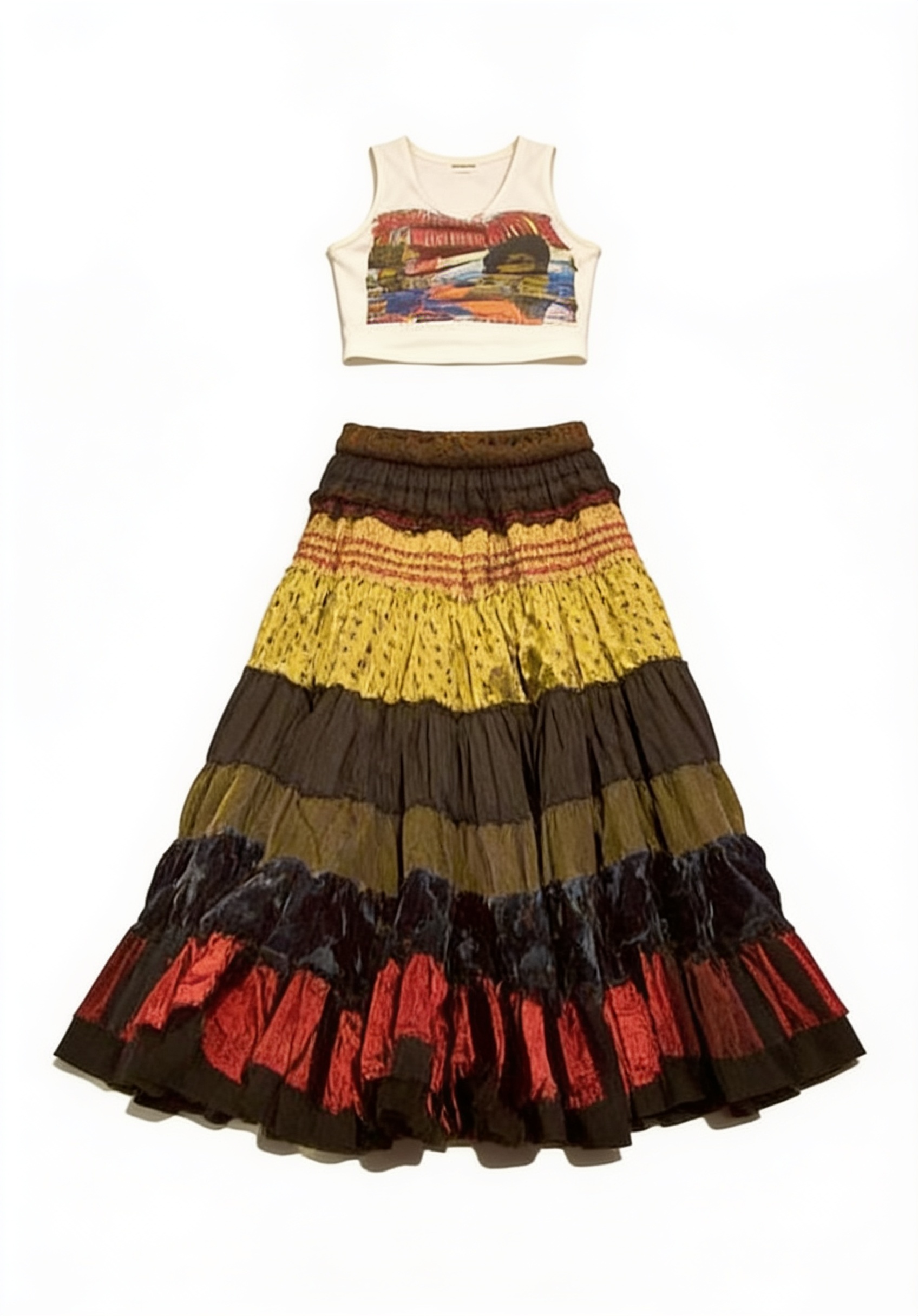 Printed cropped top and multicolour tiered skirt
