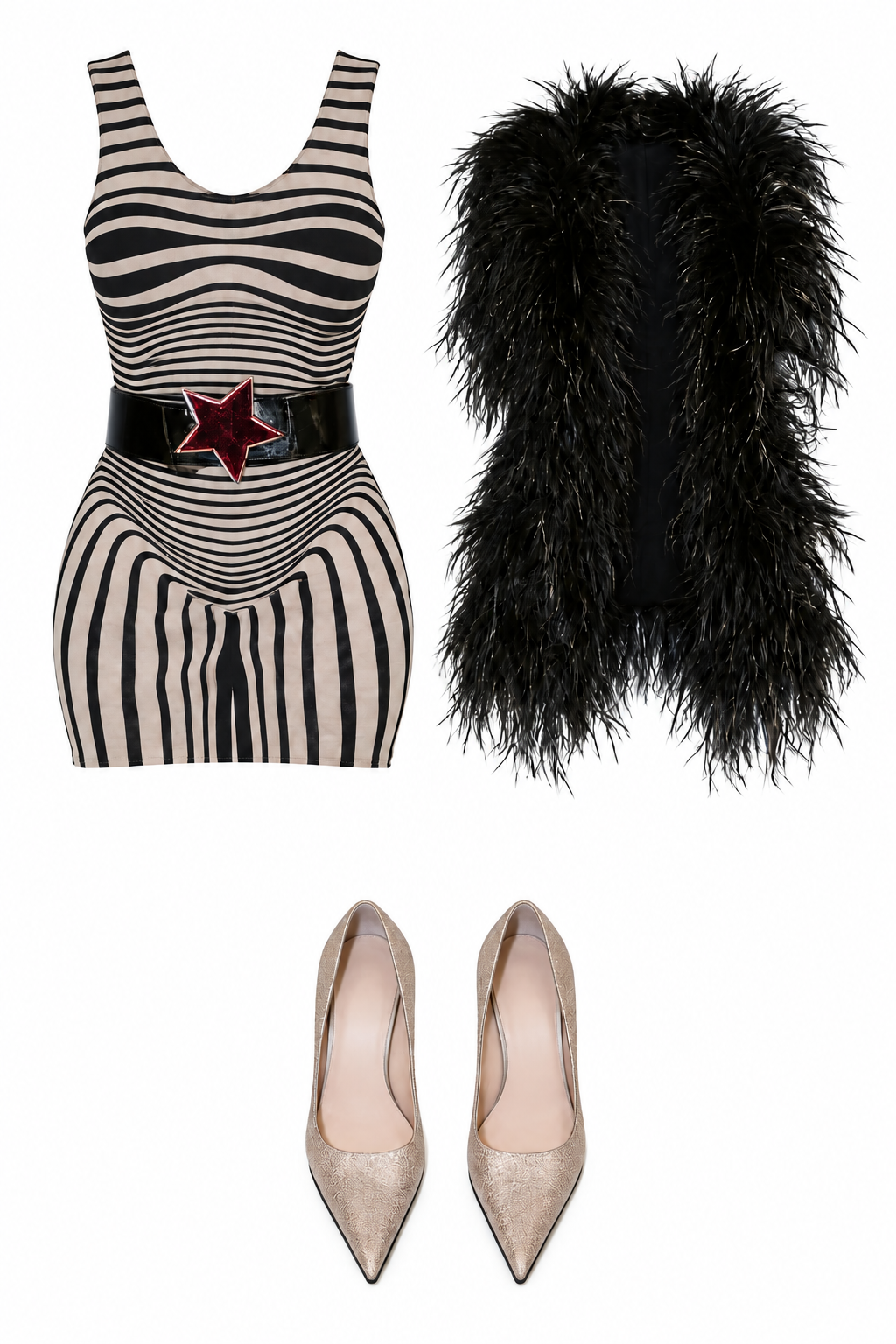 Striped mini dress with star belt and feather jacket