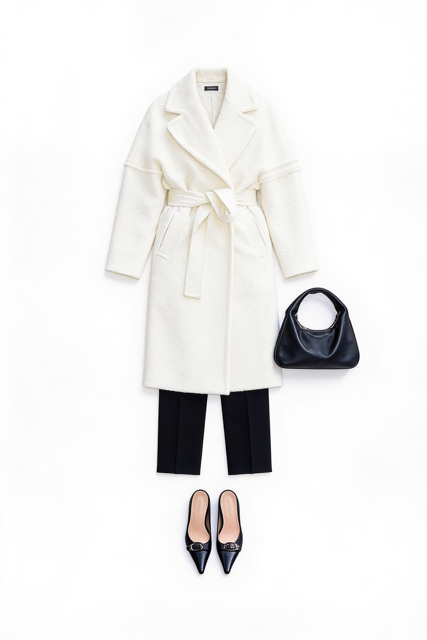 Ivory belted coat and black cropped trousers