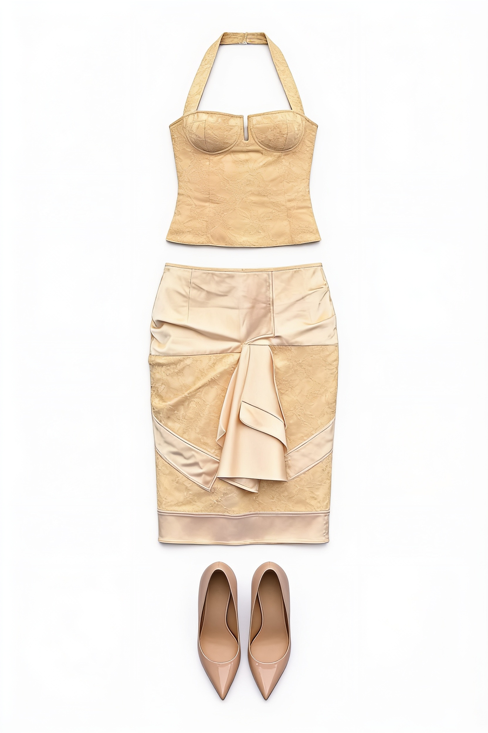 Champagne halter top and draped midi skirt