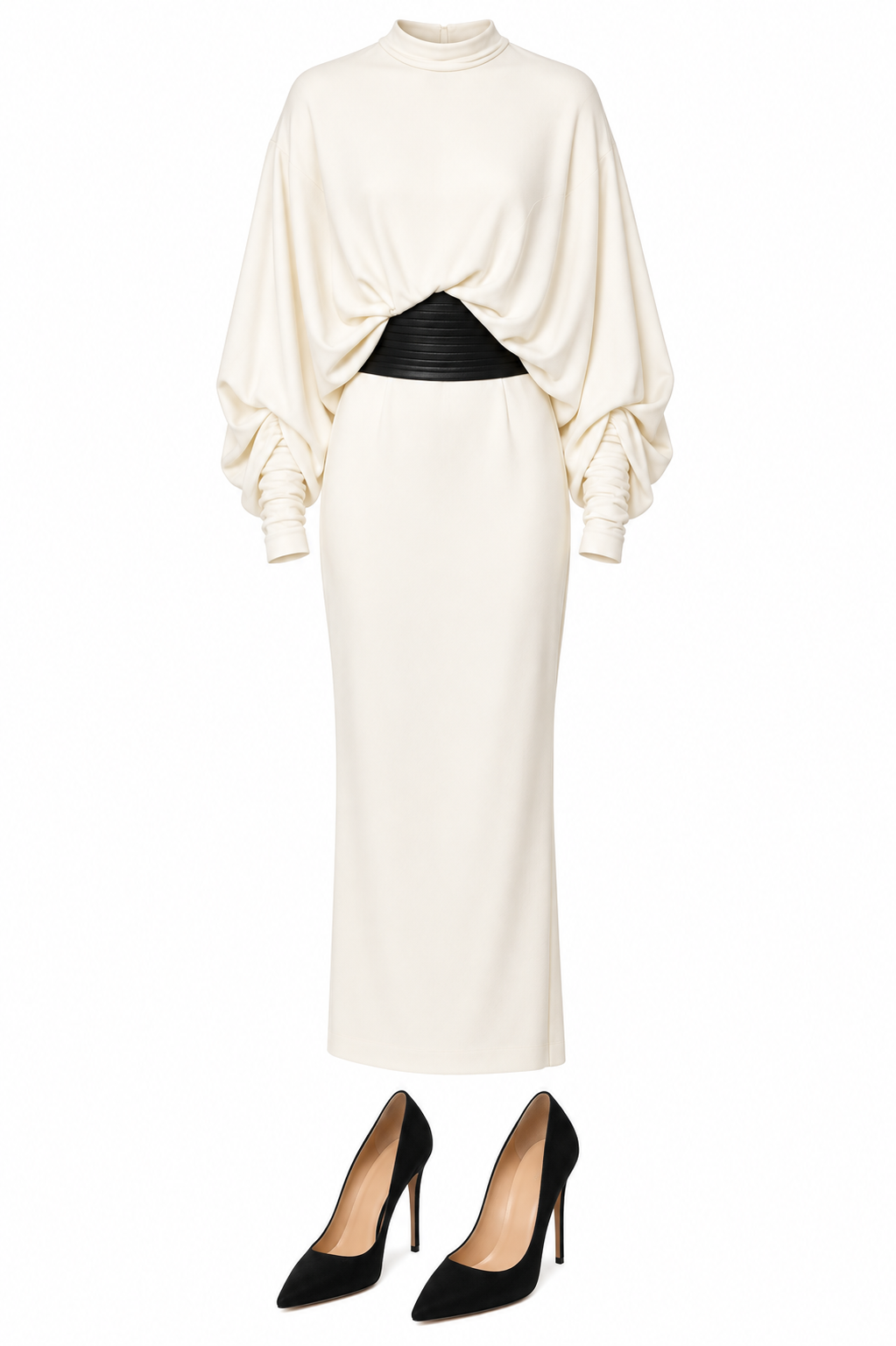 Ivory draped dress and black pumps
