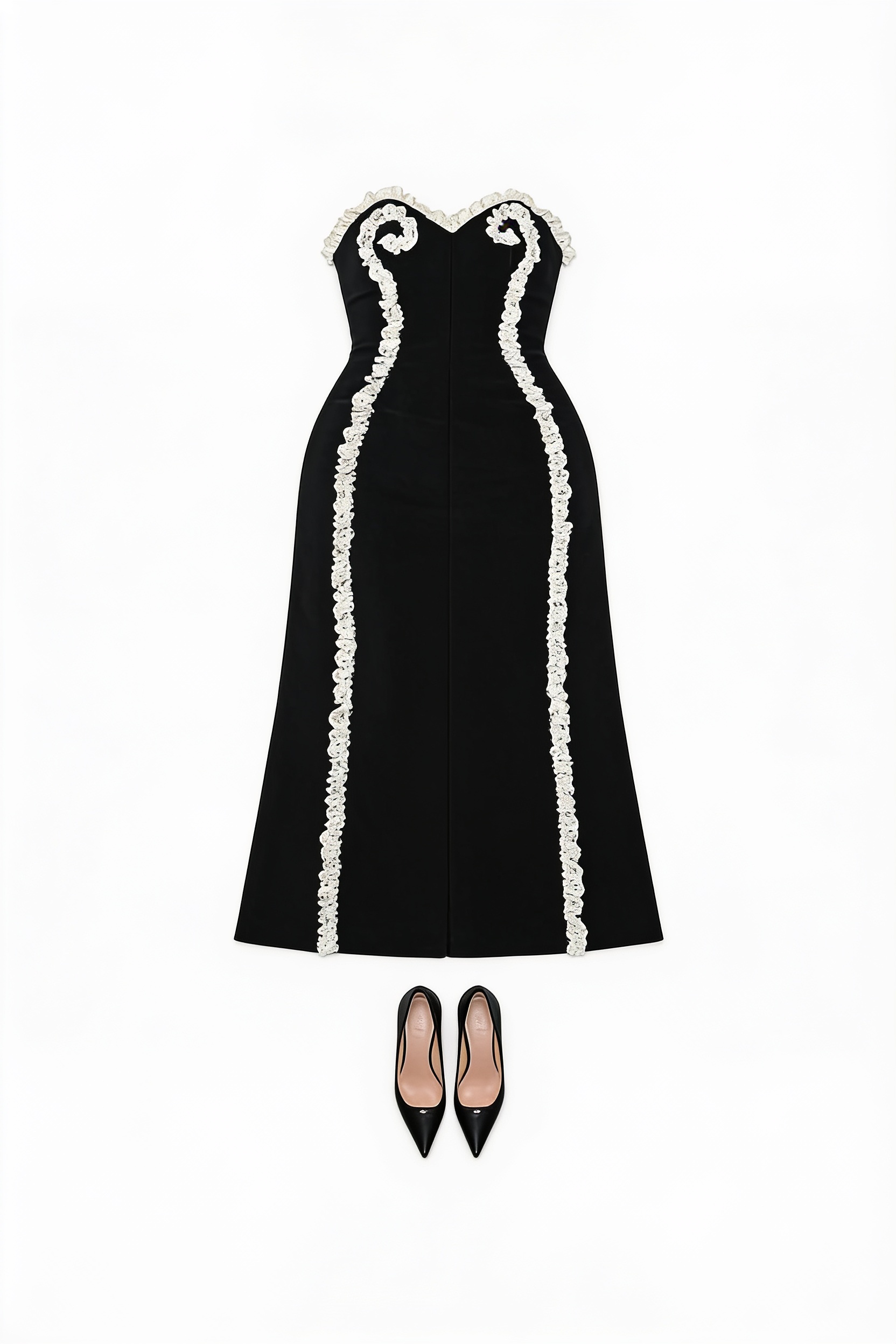 Black strapless midi dress with white scroll trim