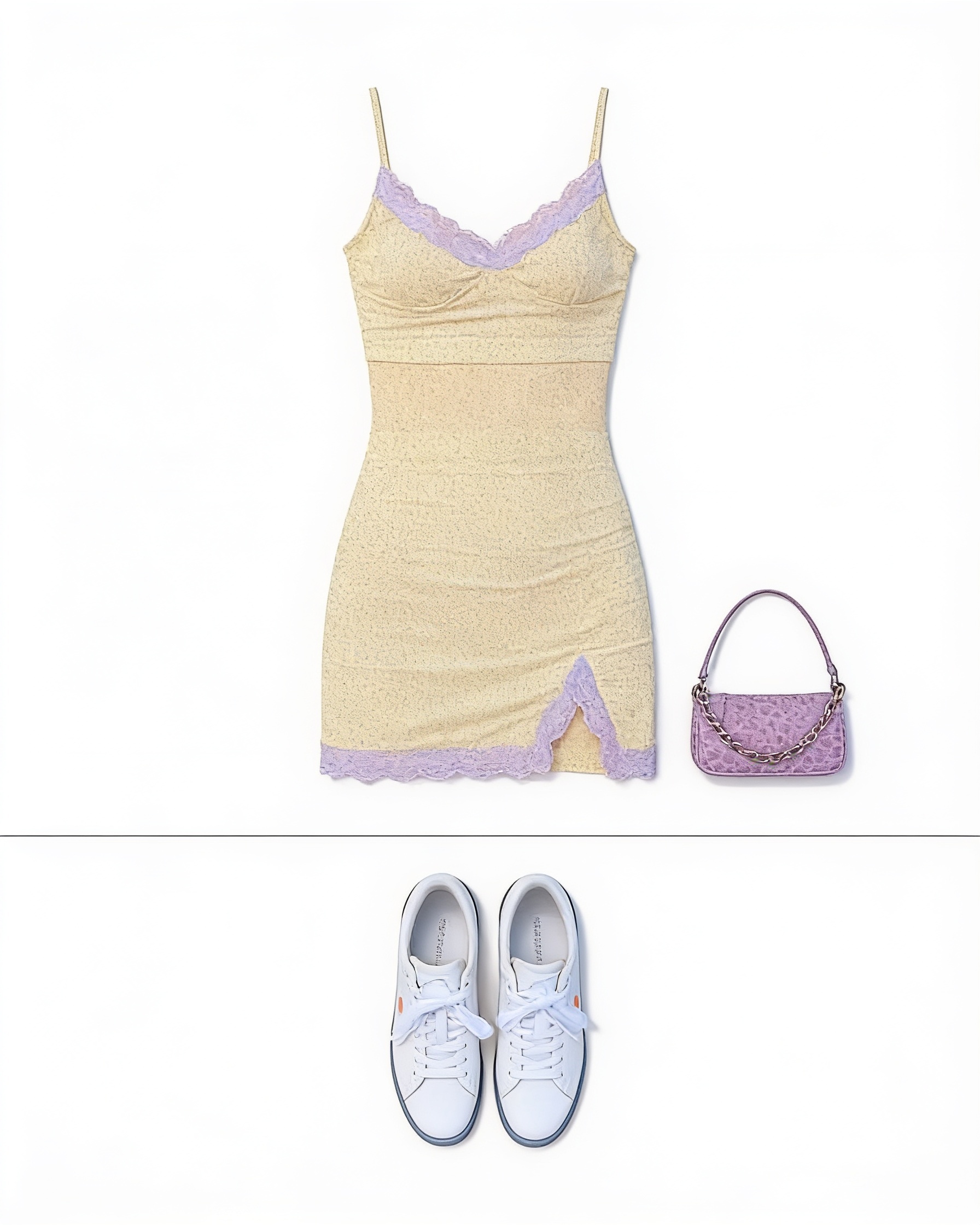 Pale yellow fitted mini dress and white trainers
