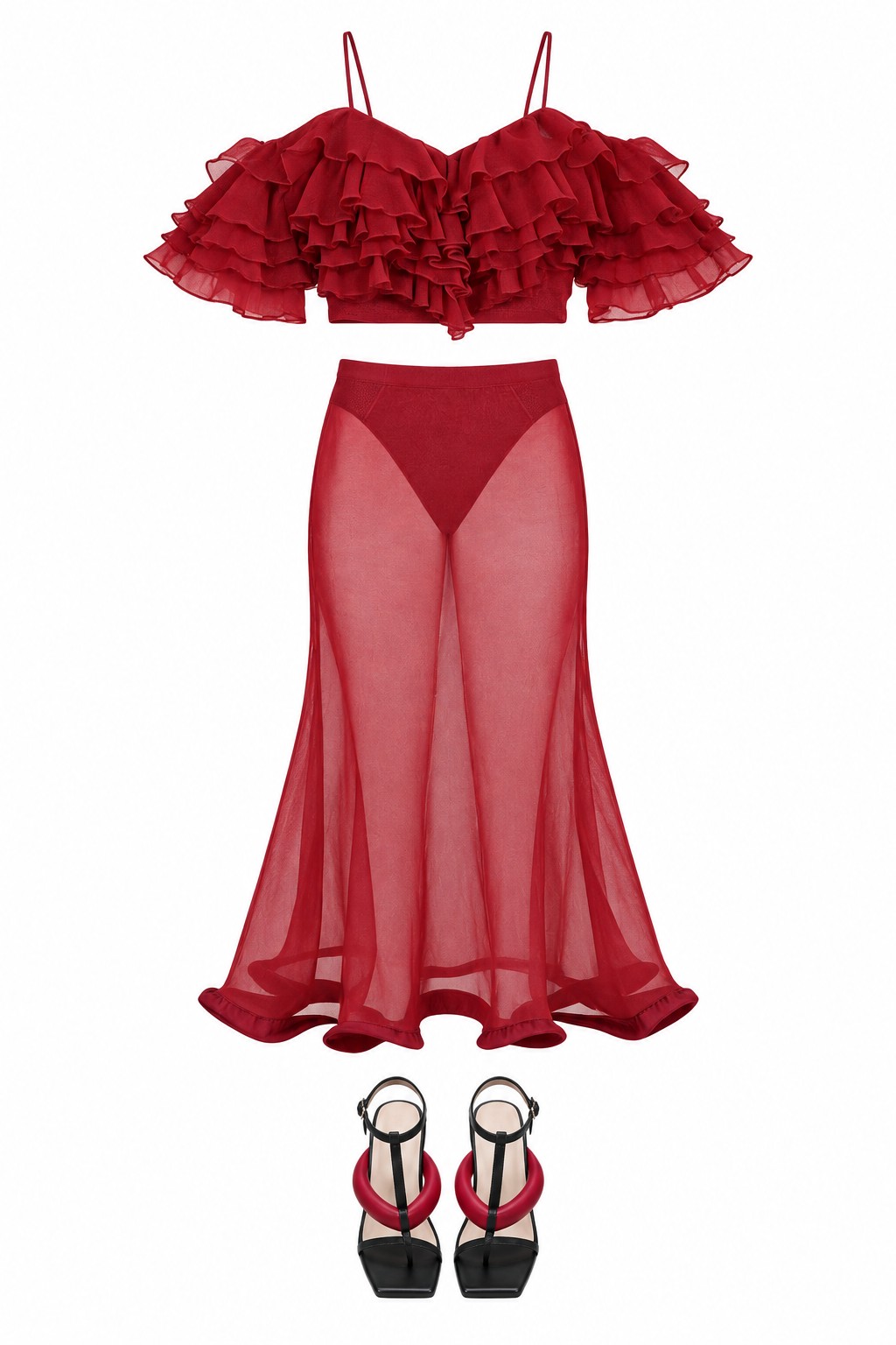 Burgundy ruffle blouse and sheer maxi skirt