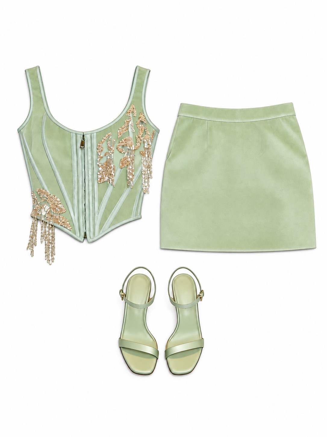 Mint embellished corset and mini skirt