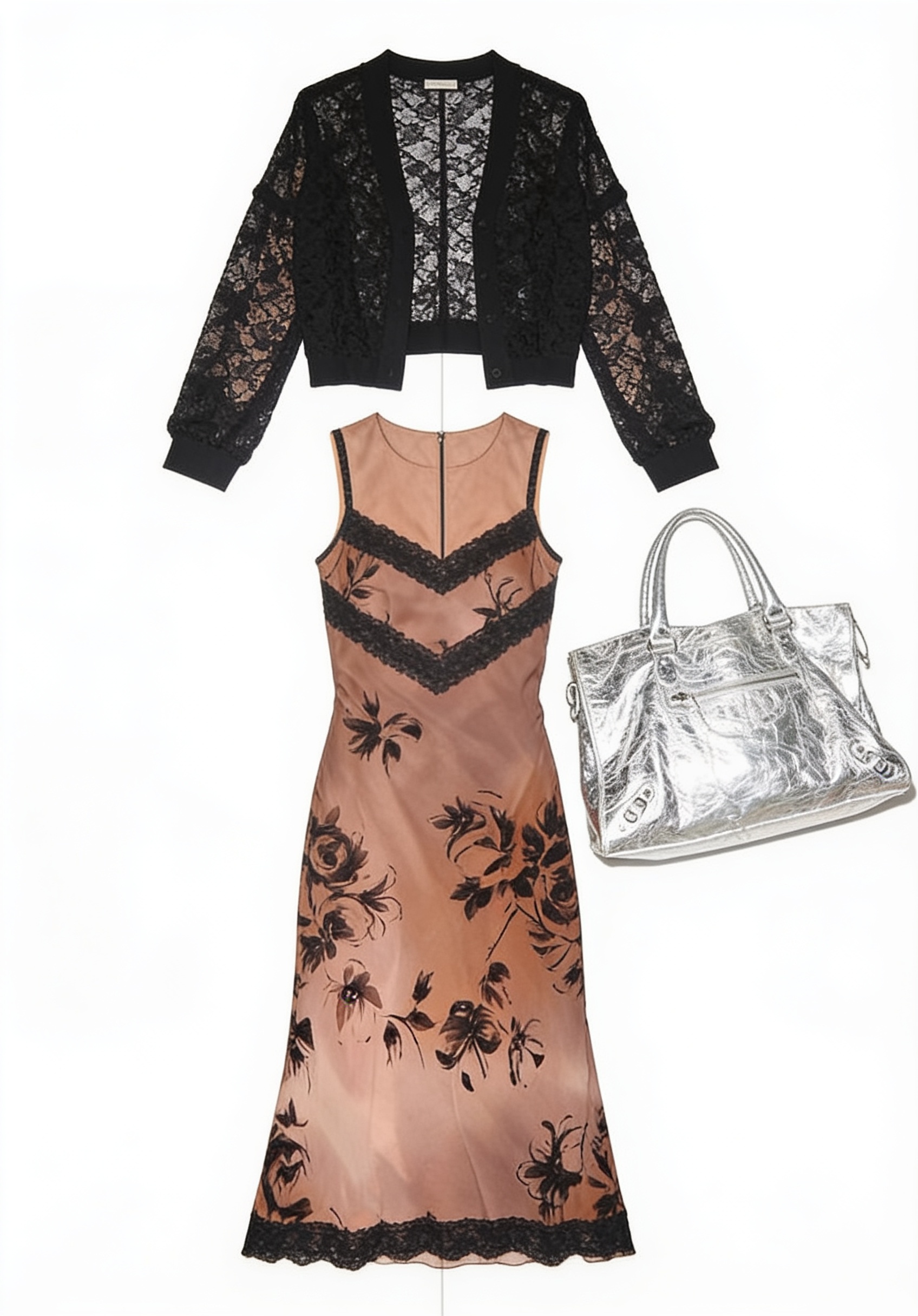 Blush floral slip dress and metallic handbag