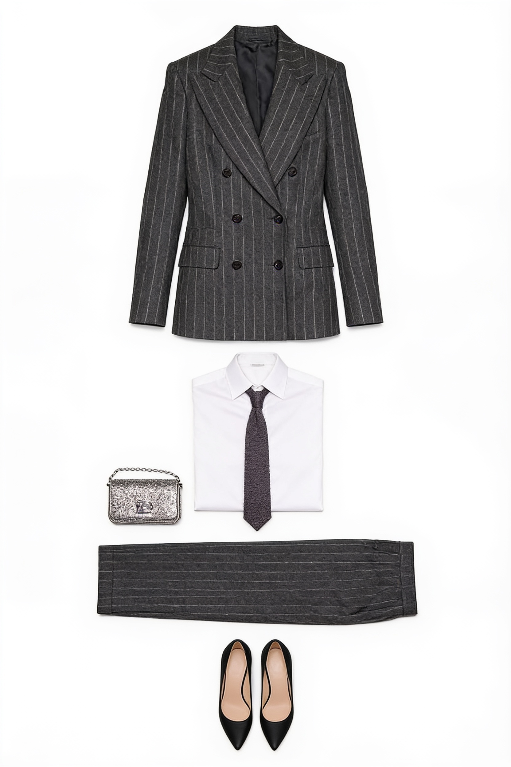Black pinstripe trouser suit and pointed pumps