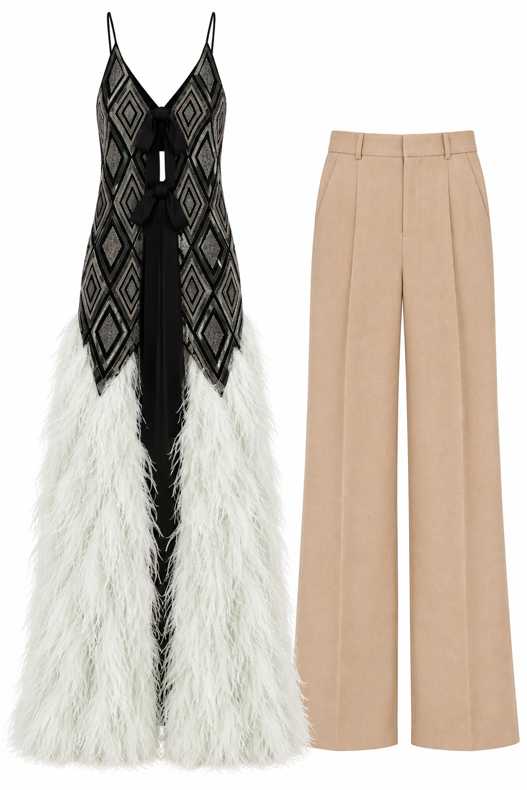 Black diamond-pattern feathered vest and beige trousers