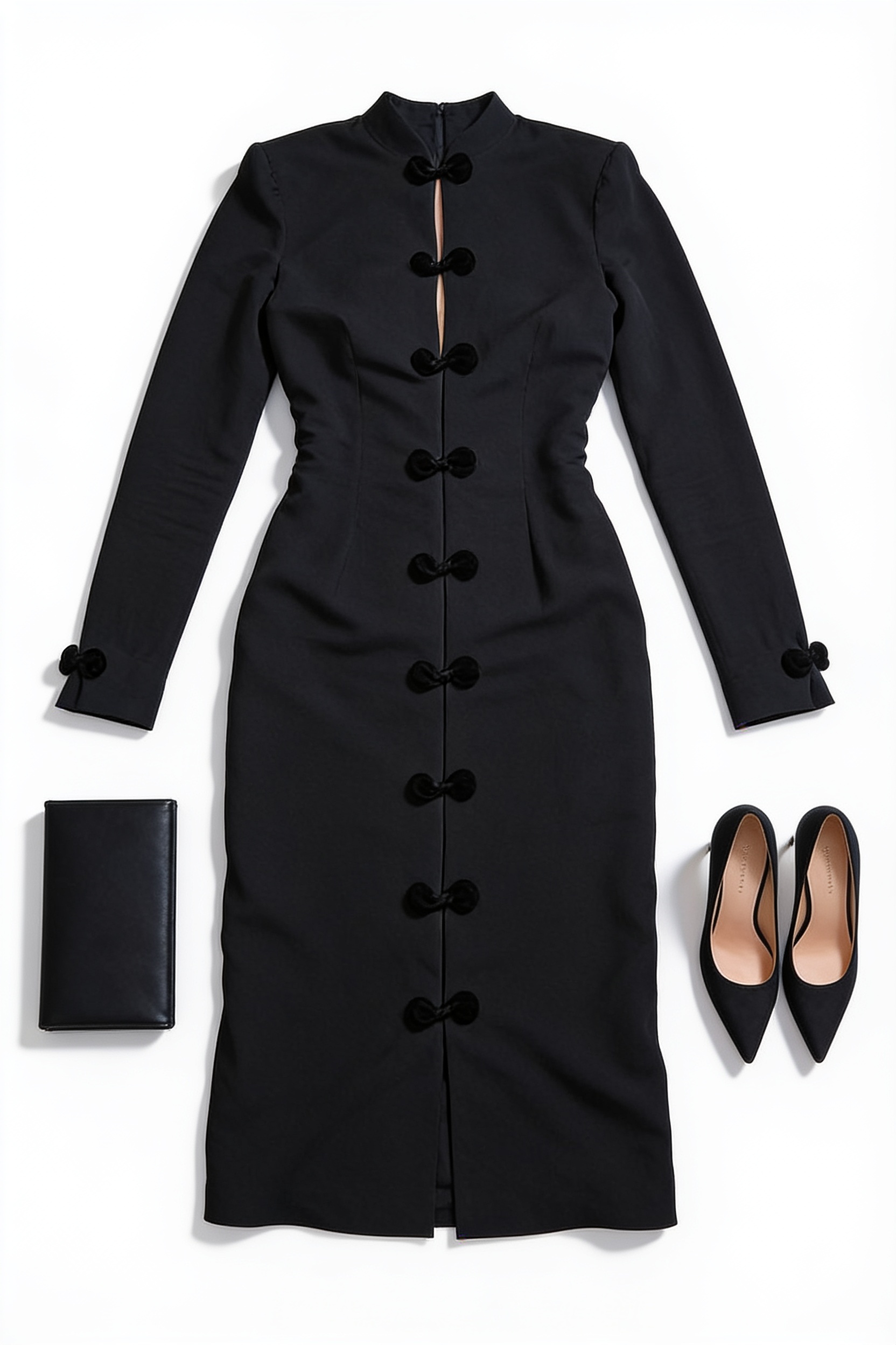 Black long-sleeve cutout midi dress