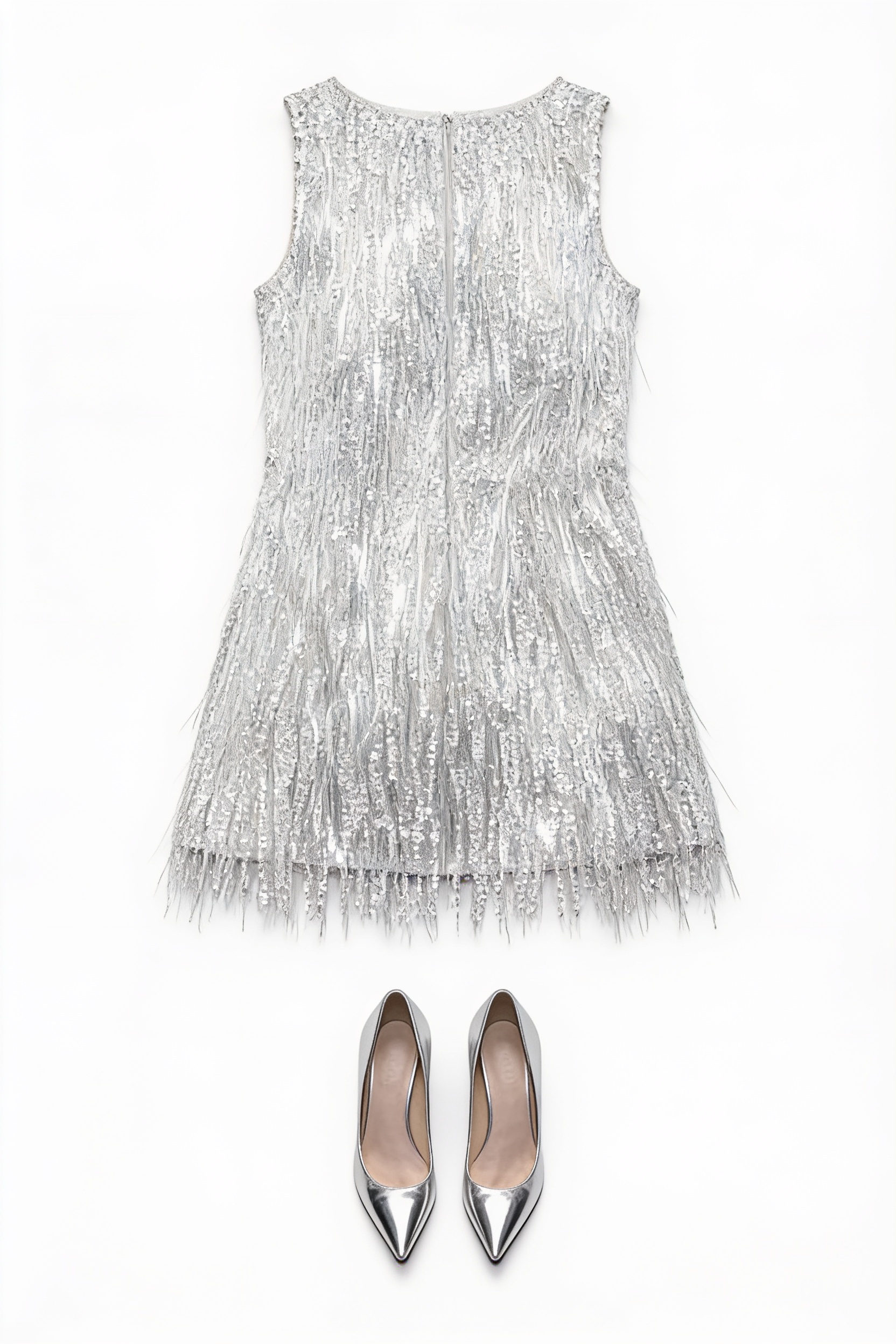 Silver fringed mini dress and metallic pumps